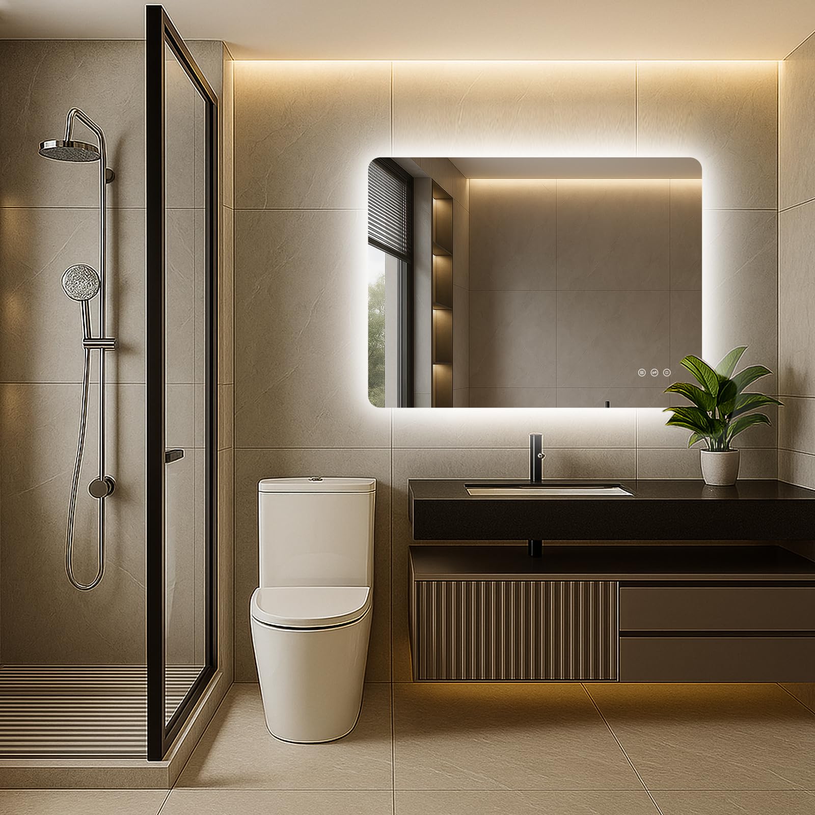 Badezimmer Spiegel mit Beleuchtung 100x60cm, LED Bad Spiegel mit licht, Antibeschlag, 3 Lichtfarben, Dimmbar, Rechteckig Badezimmerspiegel mit Touch-Schalter, Speicherfunktion, IP44