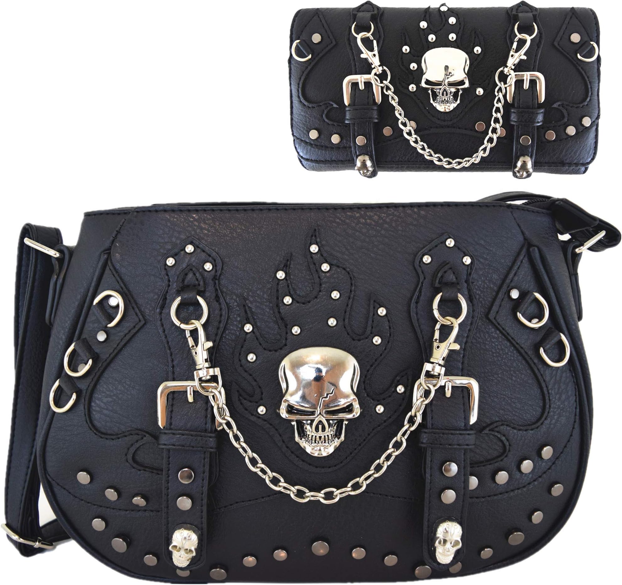 Punk Gothic Skull Chain Crossbody Handbag Concealed Carry Purse Women Single Shoulder Bag/Wallet Black, Black, Large