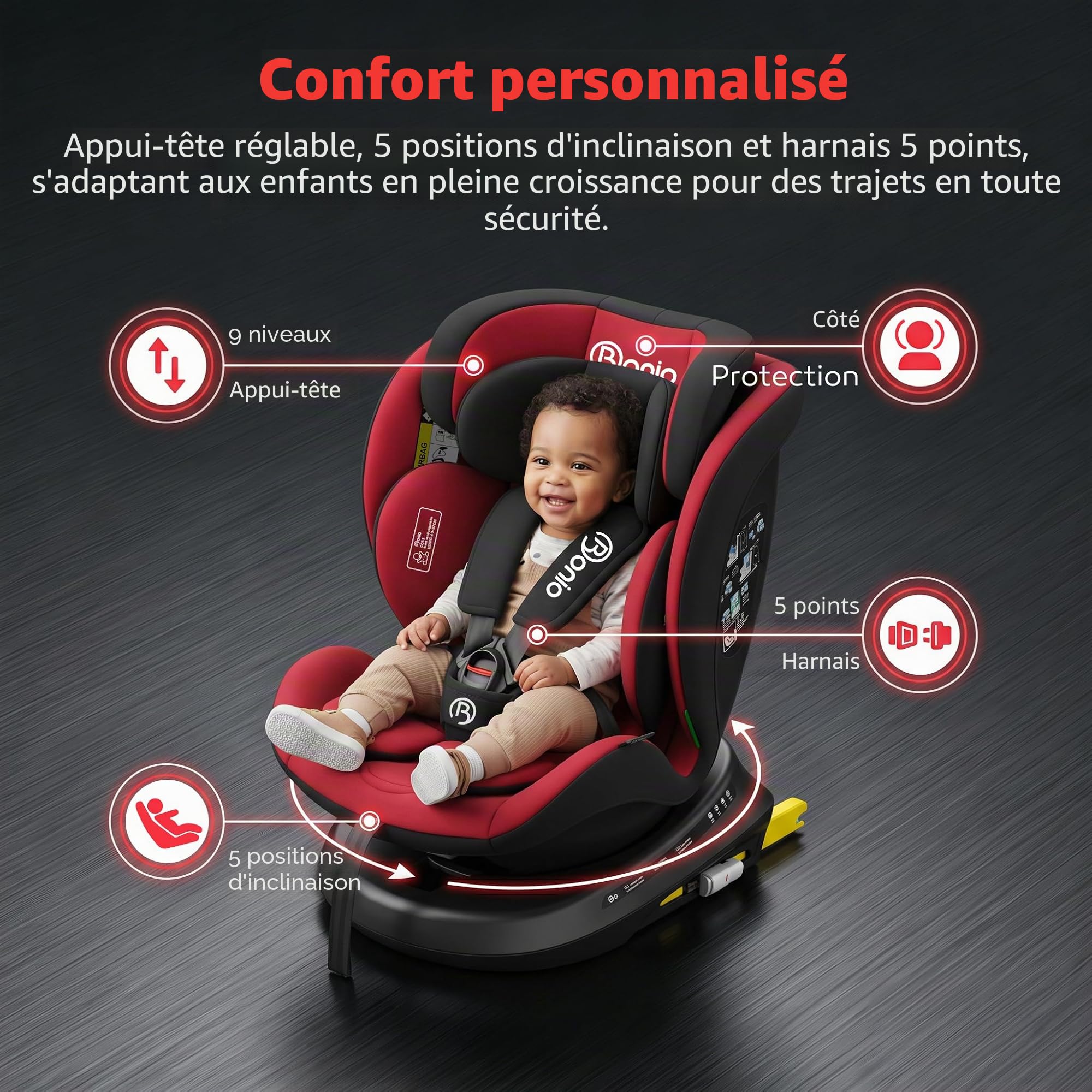 Bonio Siège auto I-SIZE 40-150 cm, pivotant à 360°, avec fixation Isofix, 0-36 KG (Rouge)