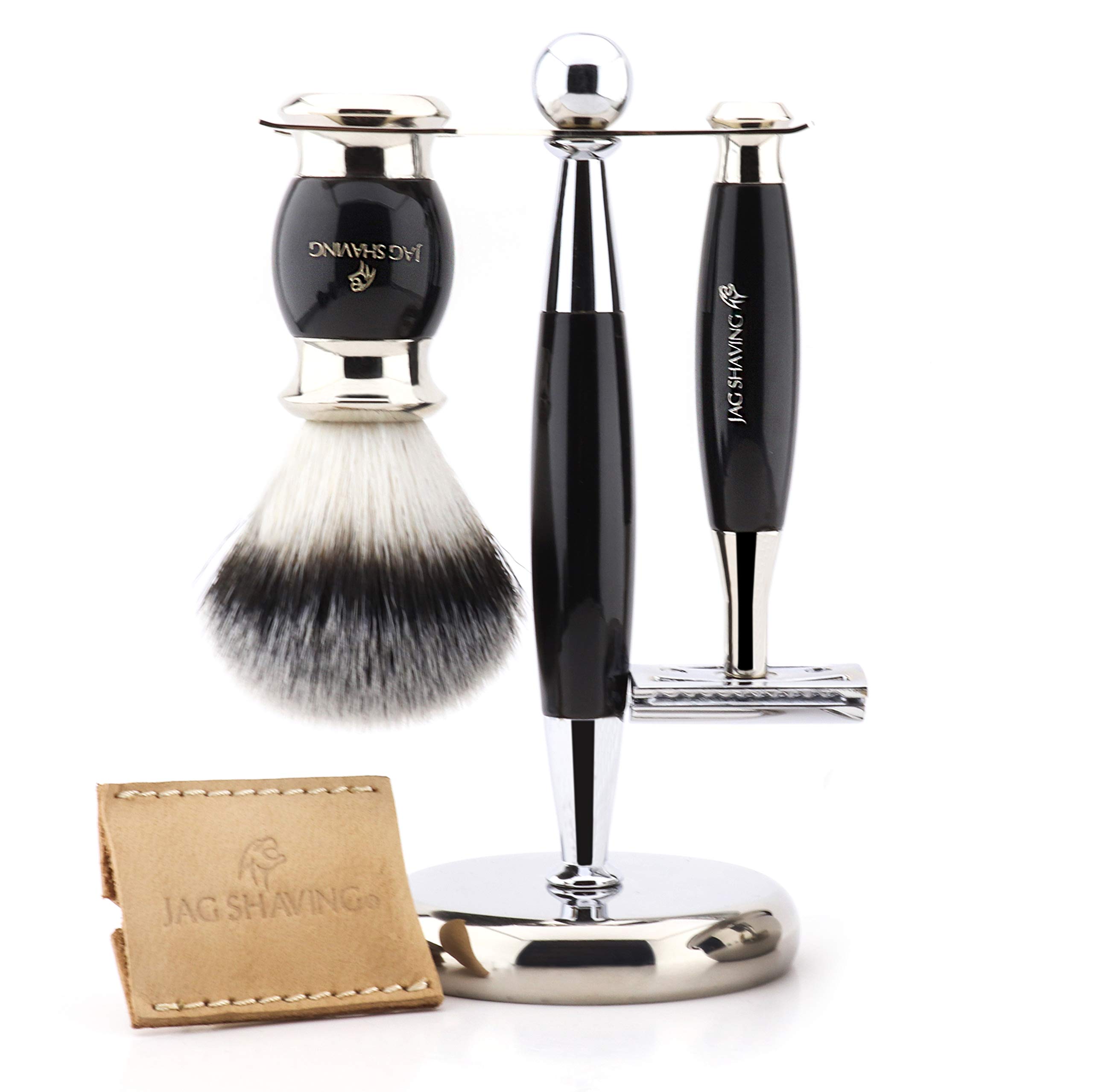 Jag Shaving Kit de afeitado para hombre con maquinilla de afeitar de doble filo, cepillo de afeitado de punta súper plateada y soporte afeitar juego para hombres