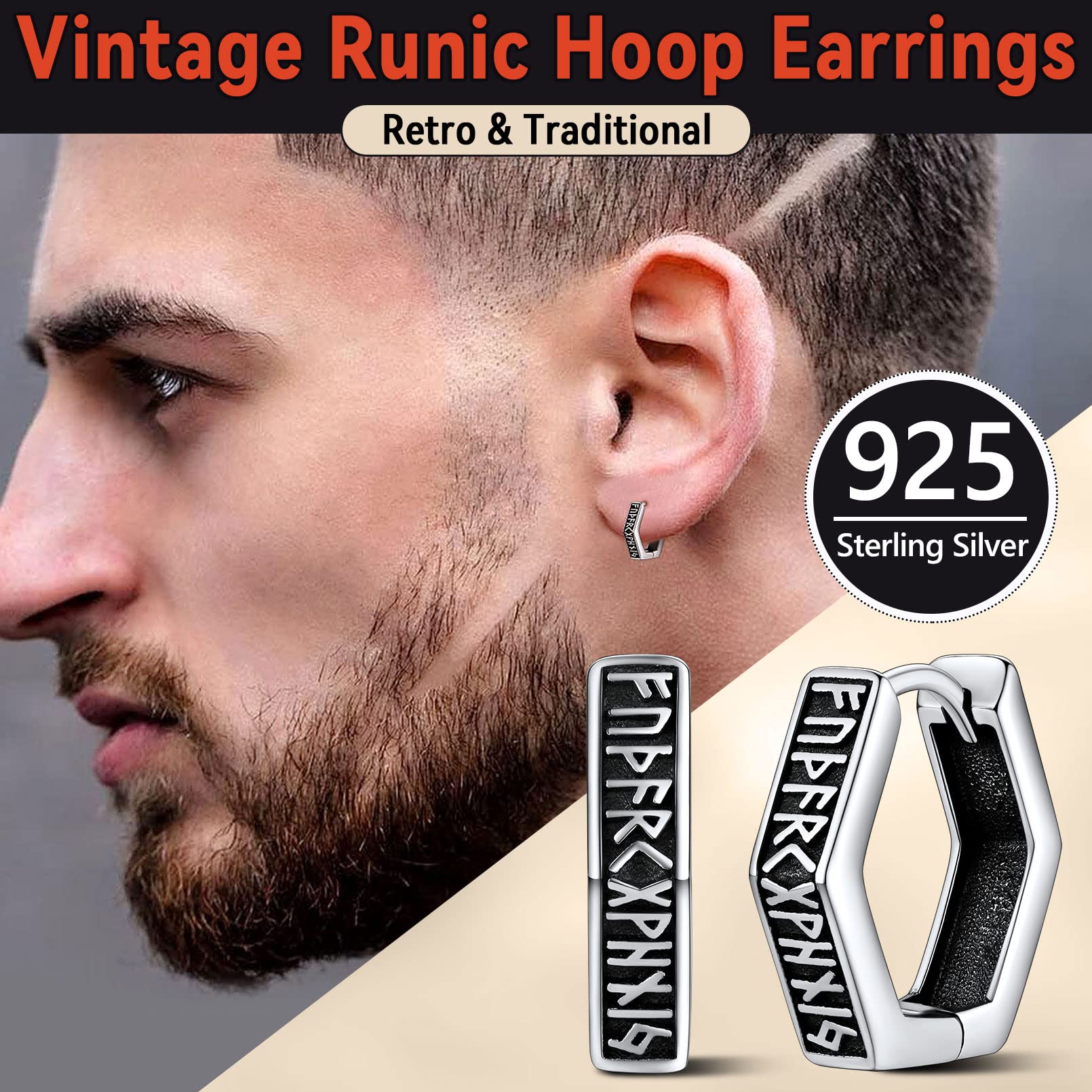 FaithHeart Uomo Donna Orecchini Cerchio di Rune Vichinghe Rune Celtiche Orecchini Cerchio Argento 925 / Acciaio Inox Antiallergico con Onice Gioielli Amuleto Nordico