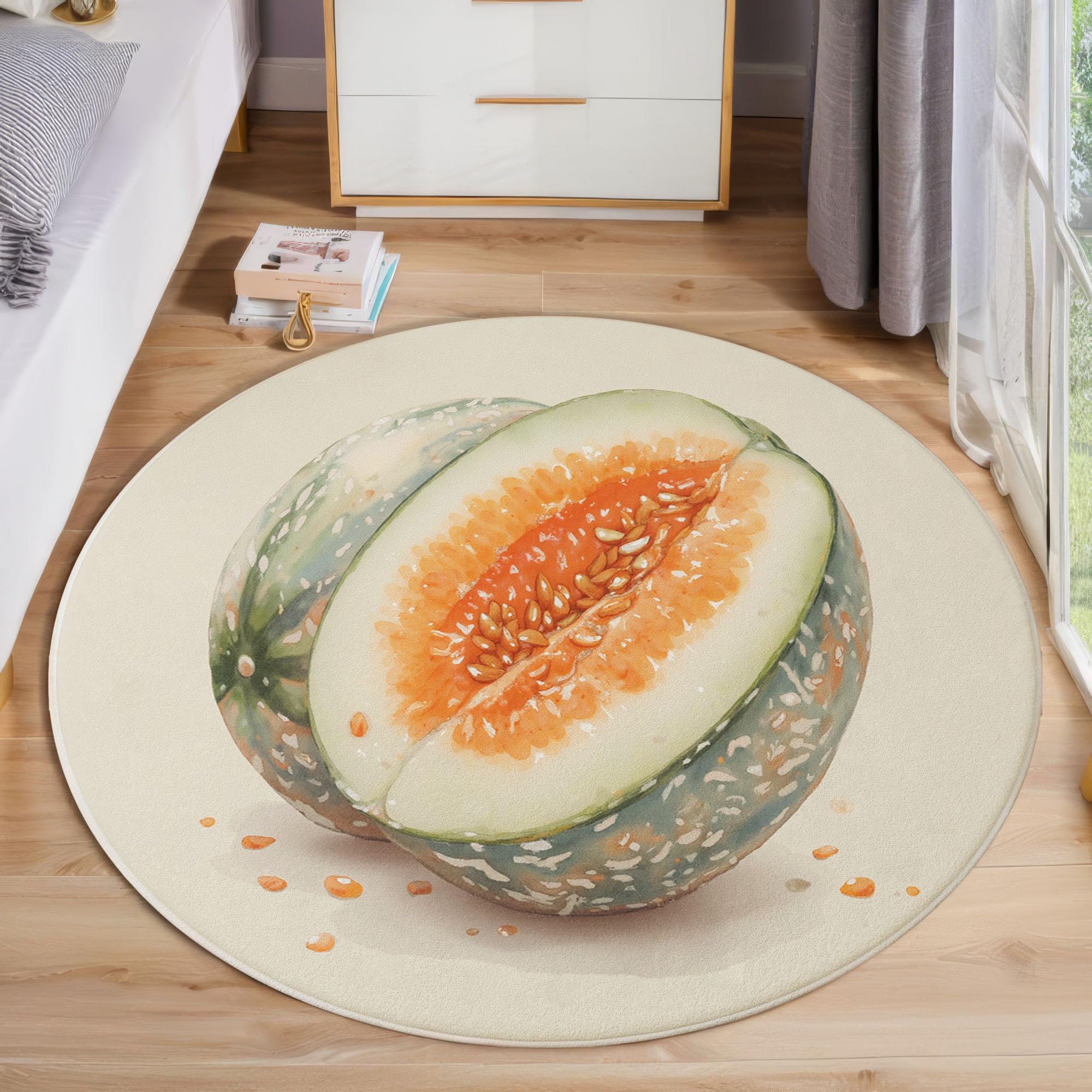 Tapis rond melon cantaloup anti-glisse facile à laver pour salon