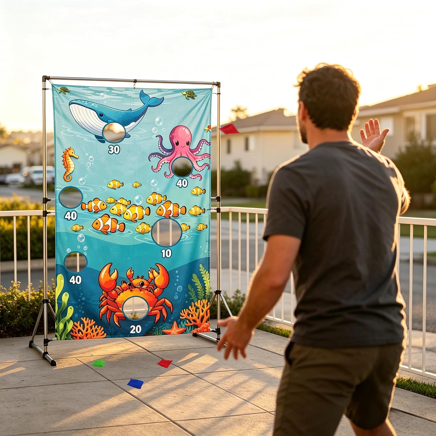 Ocean Toss Game Birthday Party Supplies Bean Bag Toss Game for Adults, Washable Heavy Duty Outdoor Indoor Throwing Theme Party Game Banner with 3 Bean Bags and 19.6ft String