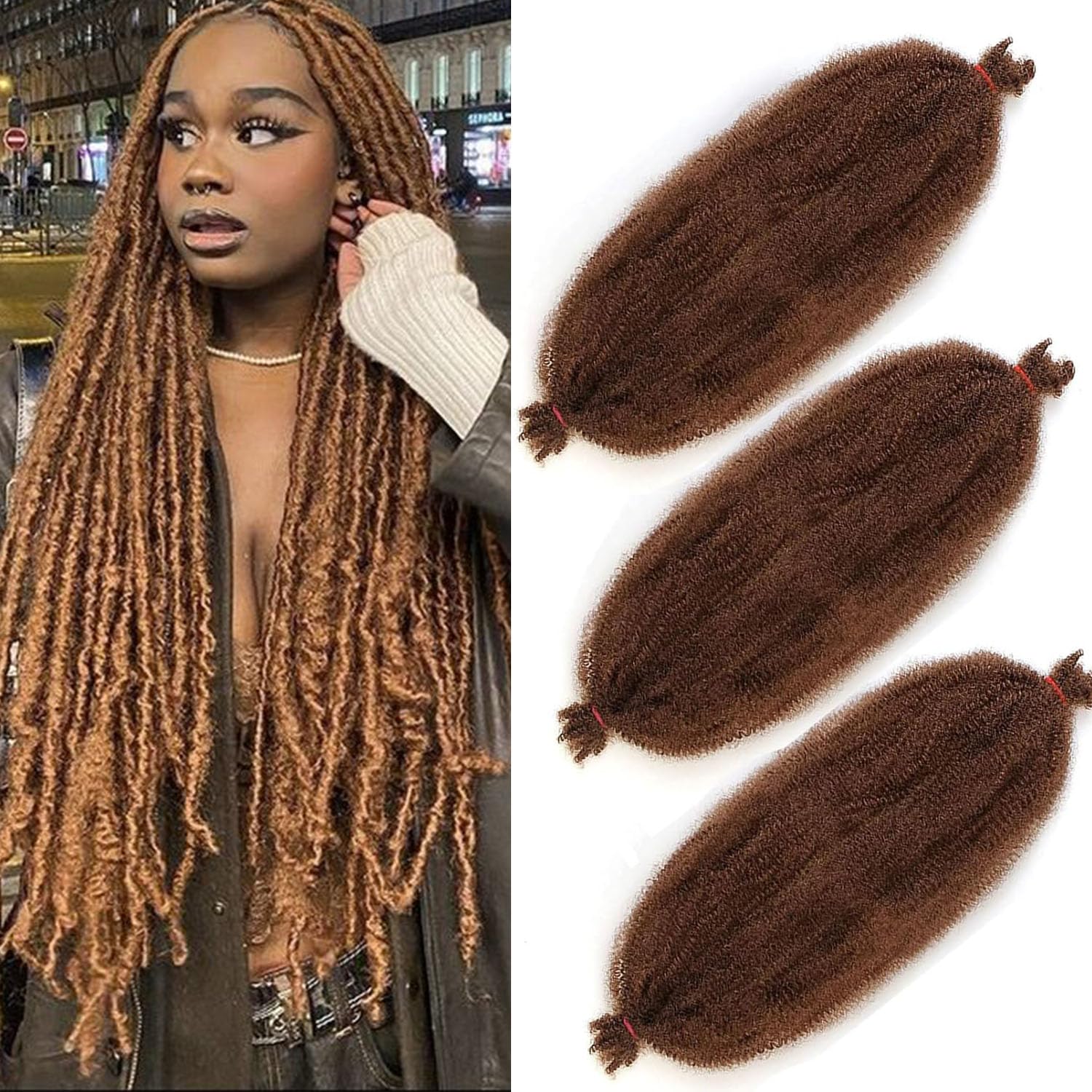 XTREND3 Packs 16 Inch Brown Soft Springy Afro Twist Hair Pre-Separated Spring Twist Hair for Faux Locs Natural Marley Twist Crochet Braiding Hair Synthetic Hair Extensions 8 Strands/Pack 30#