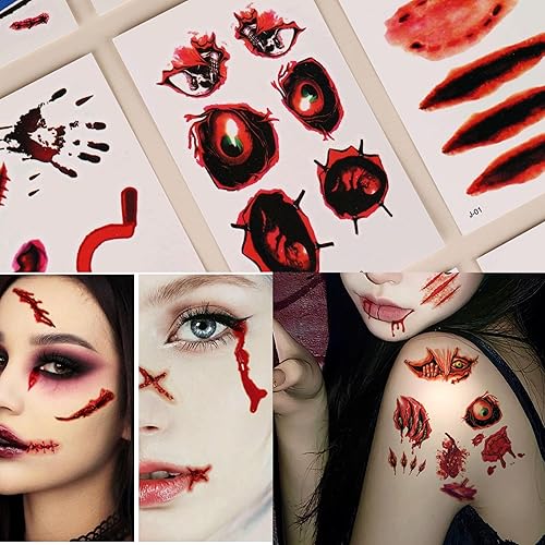 30 Sheets 220+Pcs Halloween Scar Tattoos - Realistic Fake Wounds & Zombie Makeup Kit - suitable for Halloween Cosplay Party， Fake Scars 3D Body Face Realistic Fake Stitches Tattoo Sticker Waterproof