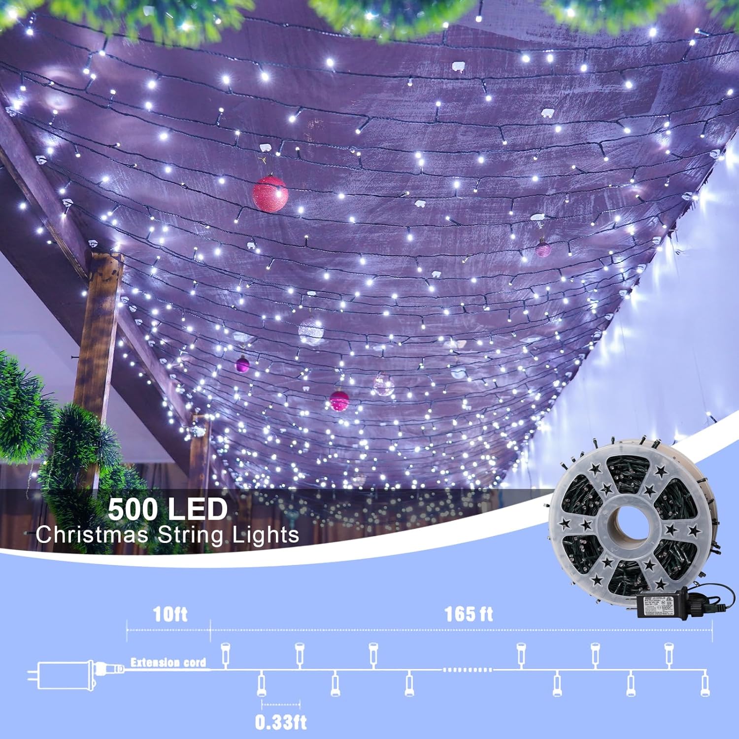 QITONG 500 LED 165ft Christmas White Lights, String Lights Outdoor Waterproof with 8 Modes, Green Wire Plug in Twinkle Light Indoor