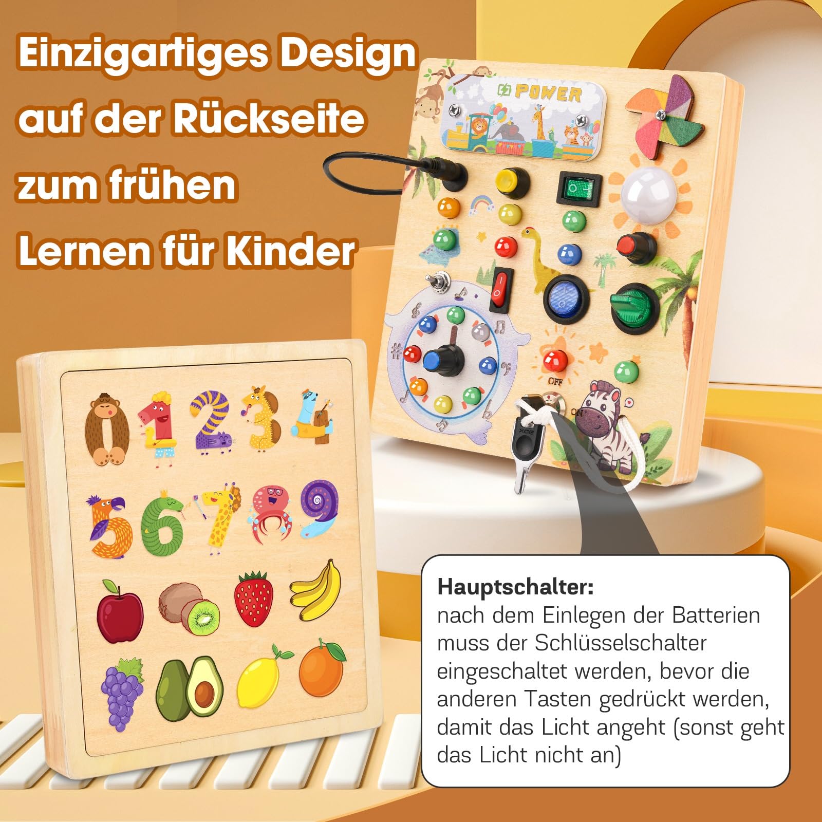 MILFECH Montessori Spielzeug Busy Board, Aktivitätsbrett Holzspielzeug mit 10 Schaltern und 17 LED-Lichtern Sensorik Spielzeug Motorikspielzeug für Babys Kinder ab 1 2 3 Jahr(Massivholz)