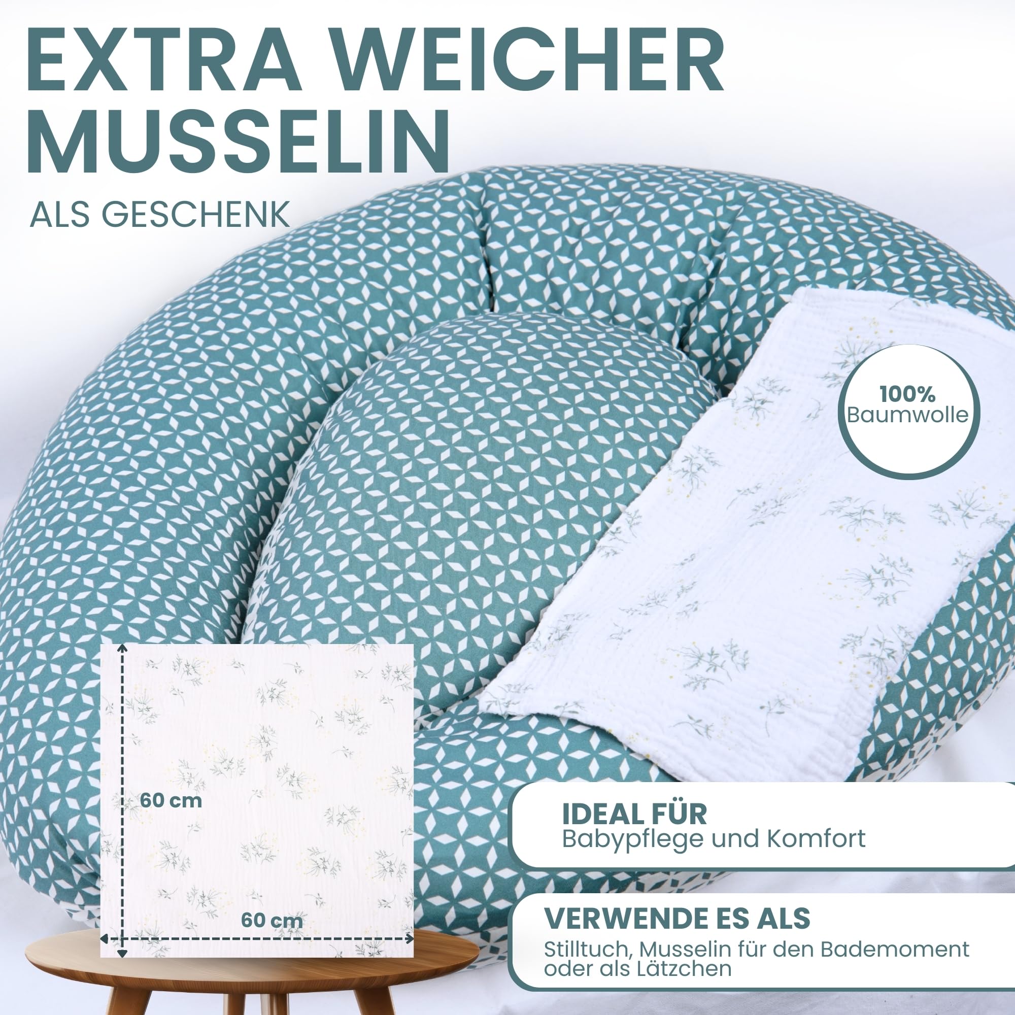MATERNIKA 3-in-1 Schwangerschafts- und Stillkissen XL – Multifunktionales Kissen zum Schlafen, Stillen und als Babynest – Memory-Schaum-Füllung – inklusive Baby-Musselintuch