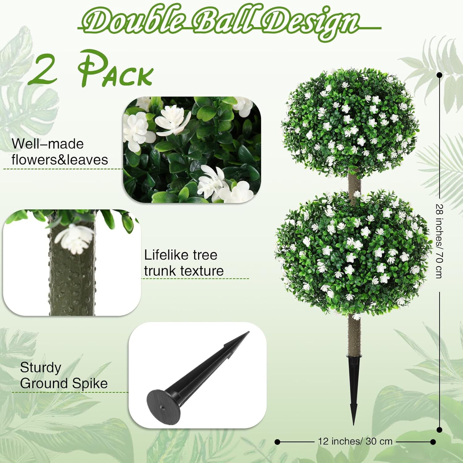 2 Pcs 36 in Artificial Boxwood Double Ball Fake Topiary Tree with Flowers Outdoor Plants, UV Resistance Faux Shrub Realistic Bush Greenery Potted for Indoor Garden Yard Porch Decor(White)