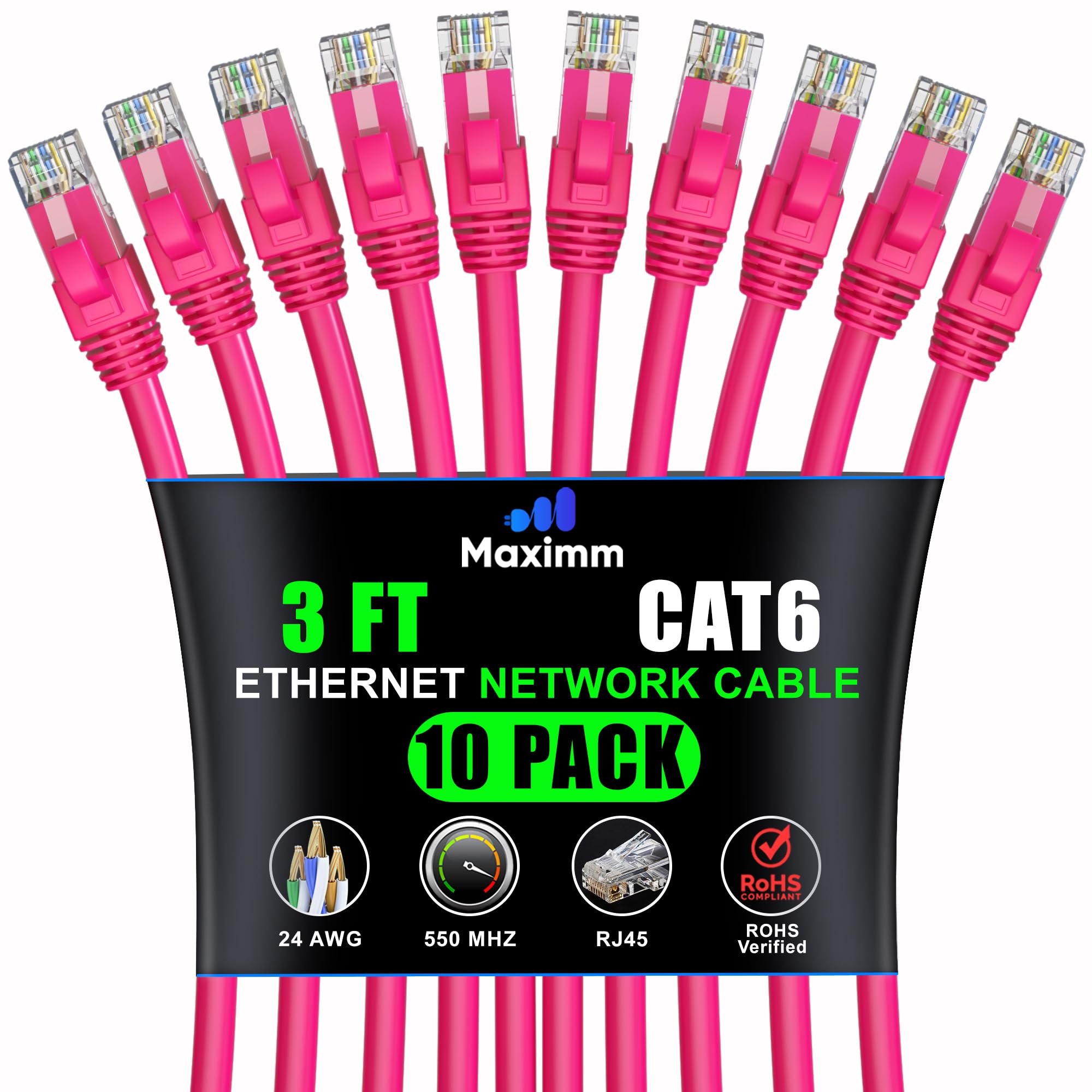 Maximm Cat 6 Ethernet Cable 3 ft (10-Pack) - High-Speed LAN Cable, Internet Cable, Patch Cable, and Network Cable - UTP, 10Gbps, 550MHz Ethernet Cord