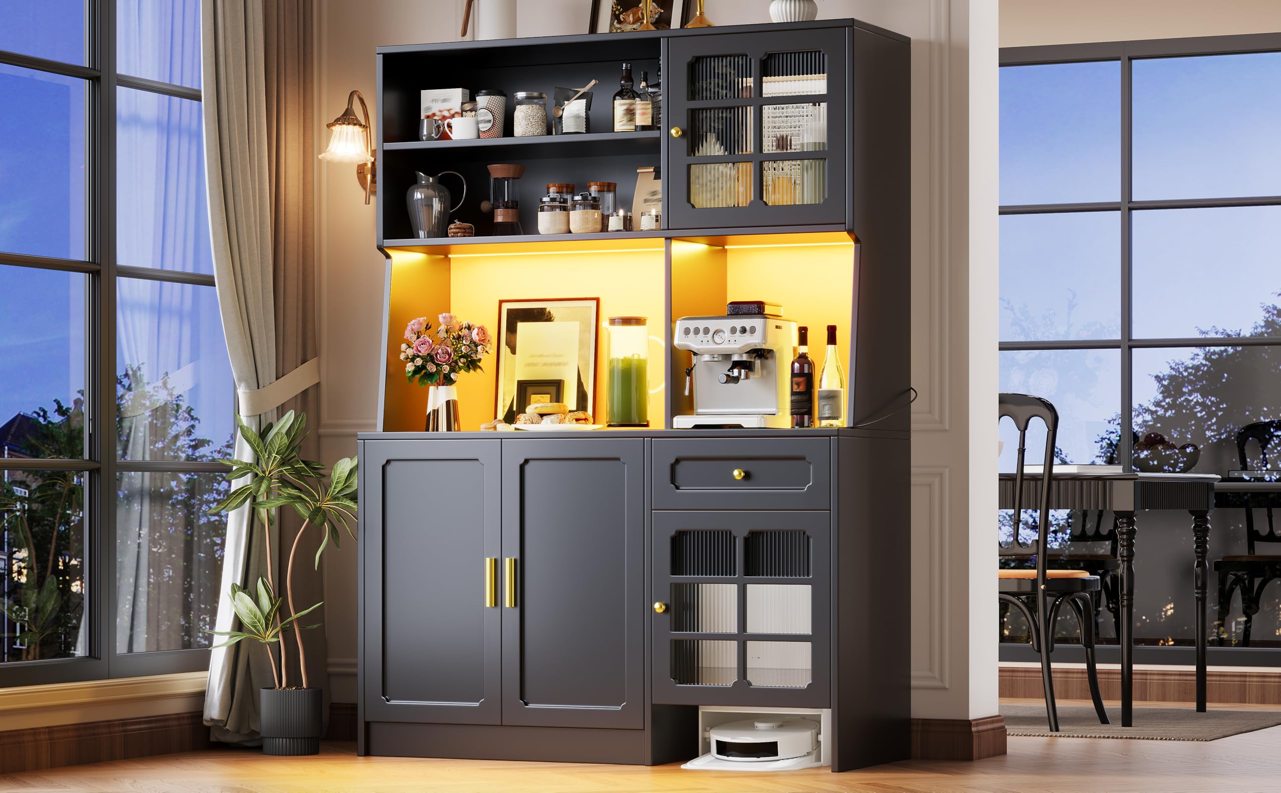 Kredens kuchenny z MDF, szklane drzwi i LED, czarny, 130 x 45 x 180 cm