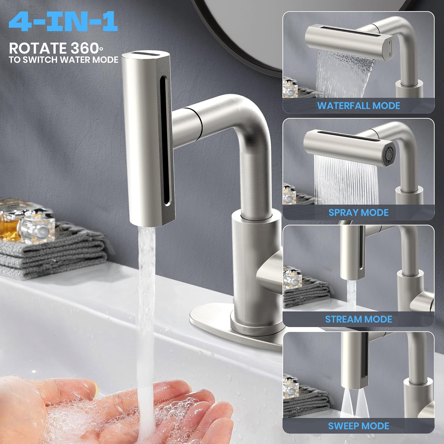 Brushed Nickel Bathroom Faucet with Sprayer - Brushed Nickel Bathroom Faucets for Sink 1 Hole or 3 Holes, 4 Mode Single Handle Vanity Faucet Waterfall Bathroom Faucet with Pull Down Sprayer (No Drain)