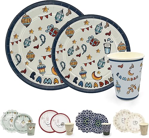 FASUAM - Ziyafat - Edición especial Ramadán y Eid platos de papel desechables decorativos de 24 juegos de platos de 9 pulgadas, platos de 7