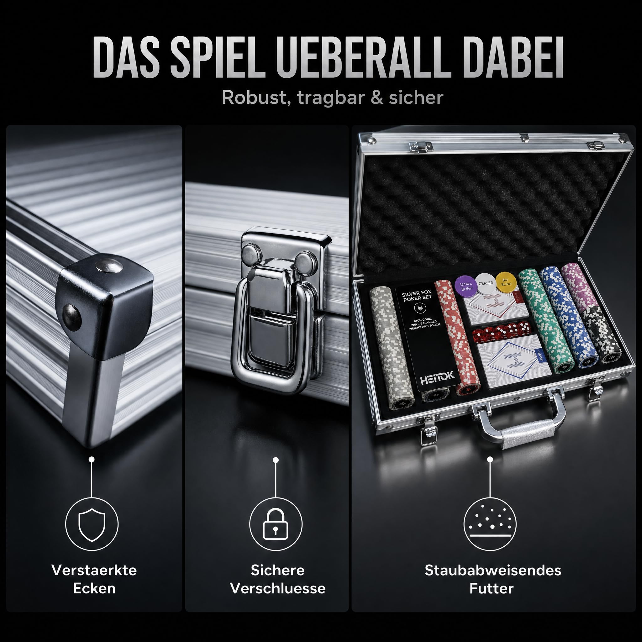 HEITOK Poker Koffer 300 Chips Set – 11,5g Pokerchips mit Wertaufdruck, Alu-Koffer, Karten, Würfel & Button | 2-8 Spieler, gut lesbare Werte, Blackjack, Karten, Würfel, Dealer und Small/Big Blind Buttons, Pokerrunden, Kartenspielabende