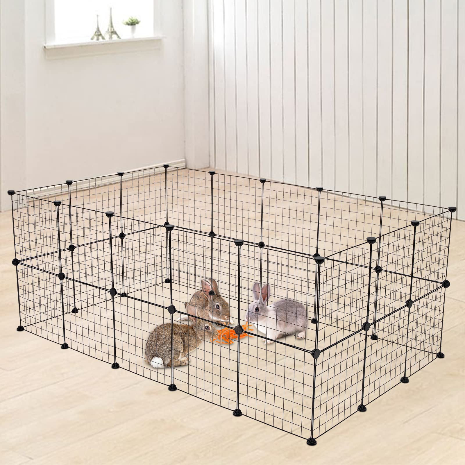 Parc Enclos, DIY Porte Petit Animal Pet Fence, Cage, Clôture, Intérieur, Modulable, pour Cochon d’Inde, Lapin, Hérisson, Petits Animaux, Panneaux Grillagés, 175 x 105 x 70 cm, 32 PCS, Noir