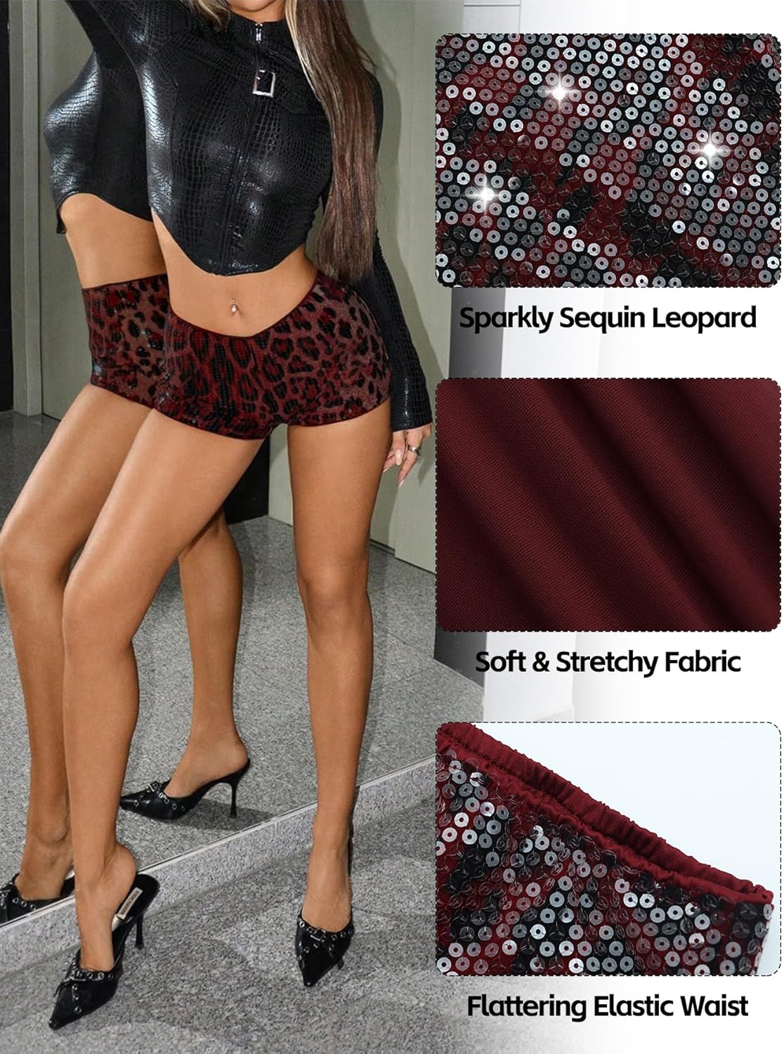 Womens Cheetah Print Shorts Sequin Leopard Micro Mini Short Elastic Waist Sexy Rave Bottoms Y2K Party Club Outfits - Image 6