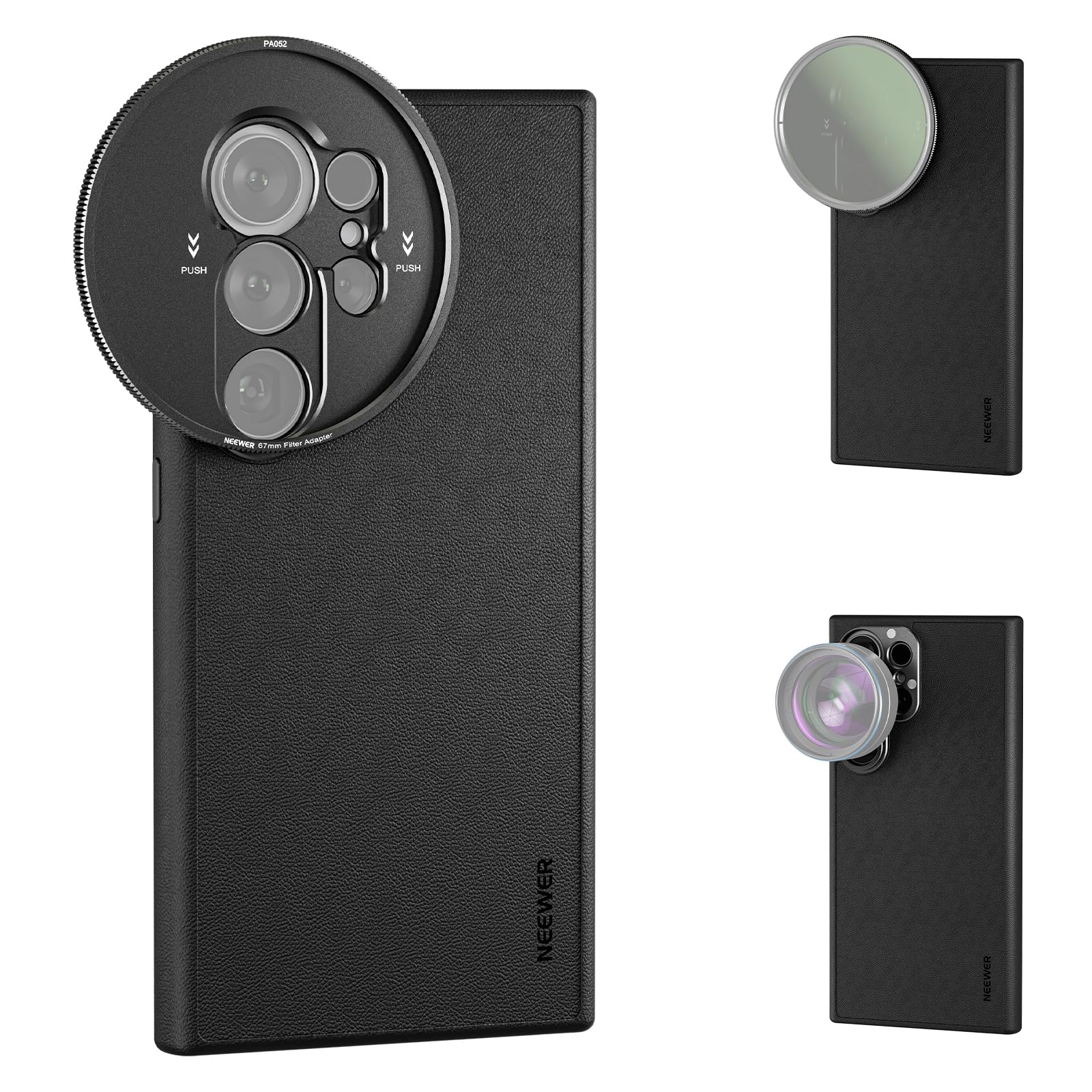 S24 Ultra Case, Protective Faux Leather Phone Case with 17mm Lens Mounts & 67mm Filter Adapter for Video Recording, Compatible with MagSafe Charging Samsung Galaxy S24 Ultra, PA052 Black