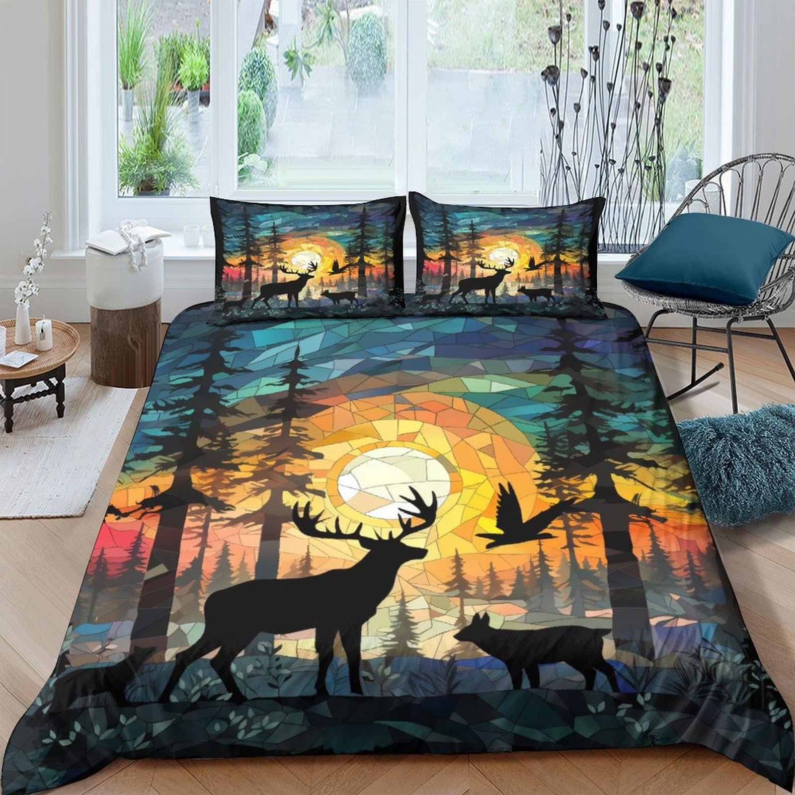 Housse de couette cerf 3D microfibre anti-plis parure lit fermeture éclair