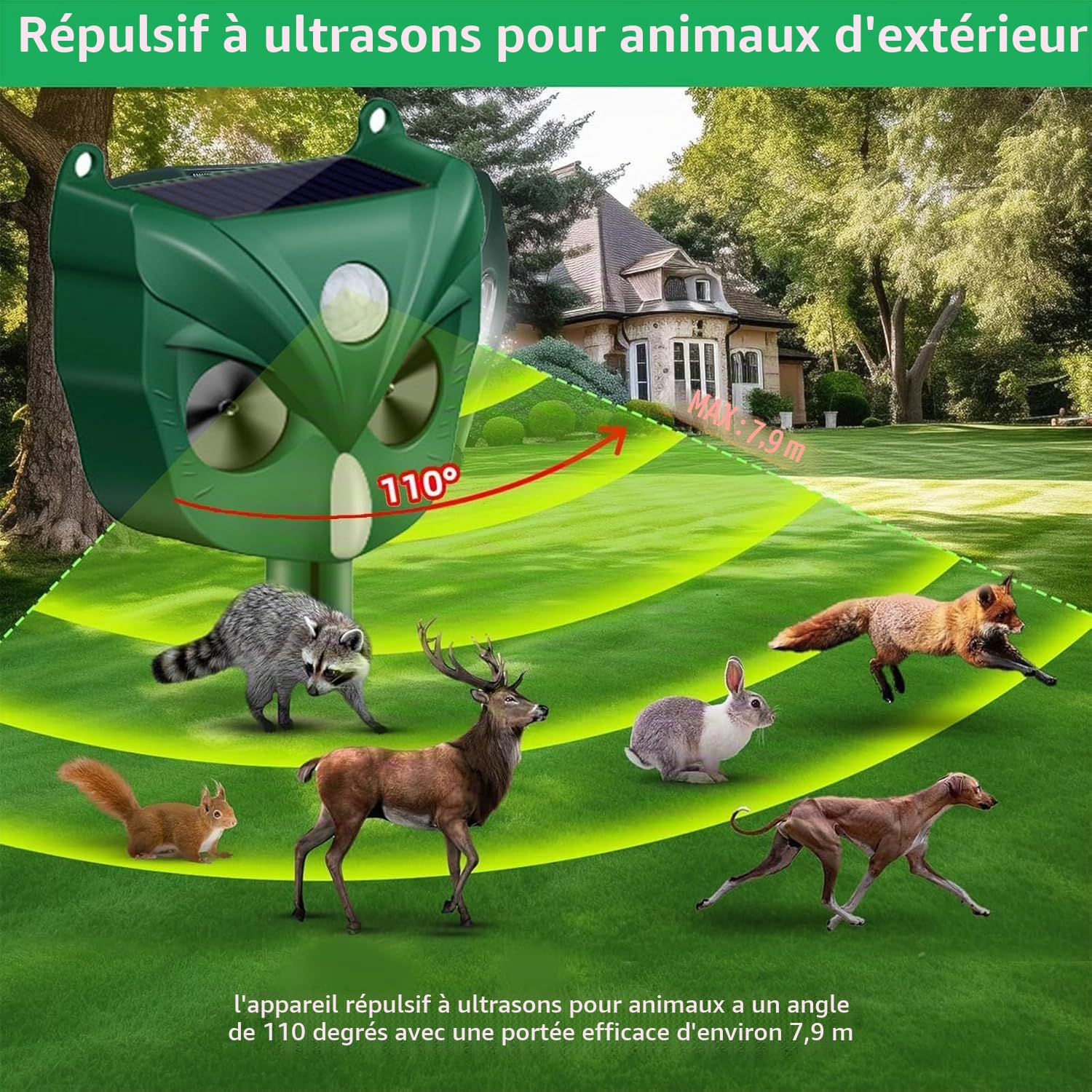 Répulsif à ultrasons pour chat, 5 modes, solaire et rechargeable, dissuasif pour cerf, chien, lapin, mouffette, oiseau pour jardin extérieur (RC546)