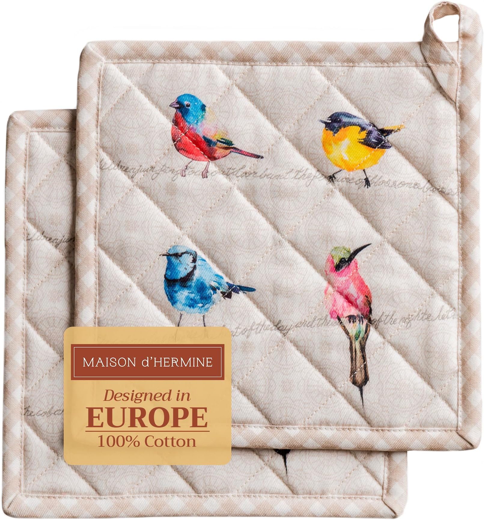 Maison d' Hermine Birdies on Wire 100% Cotton Pot Holder Set of 2 for Barbecue, Baking, Oven, Microwave, Grilling, Spring/Summer, Easter (20 cm x 20 cm)