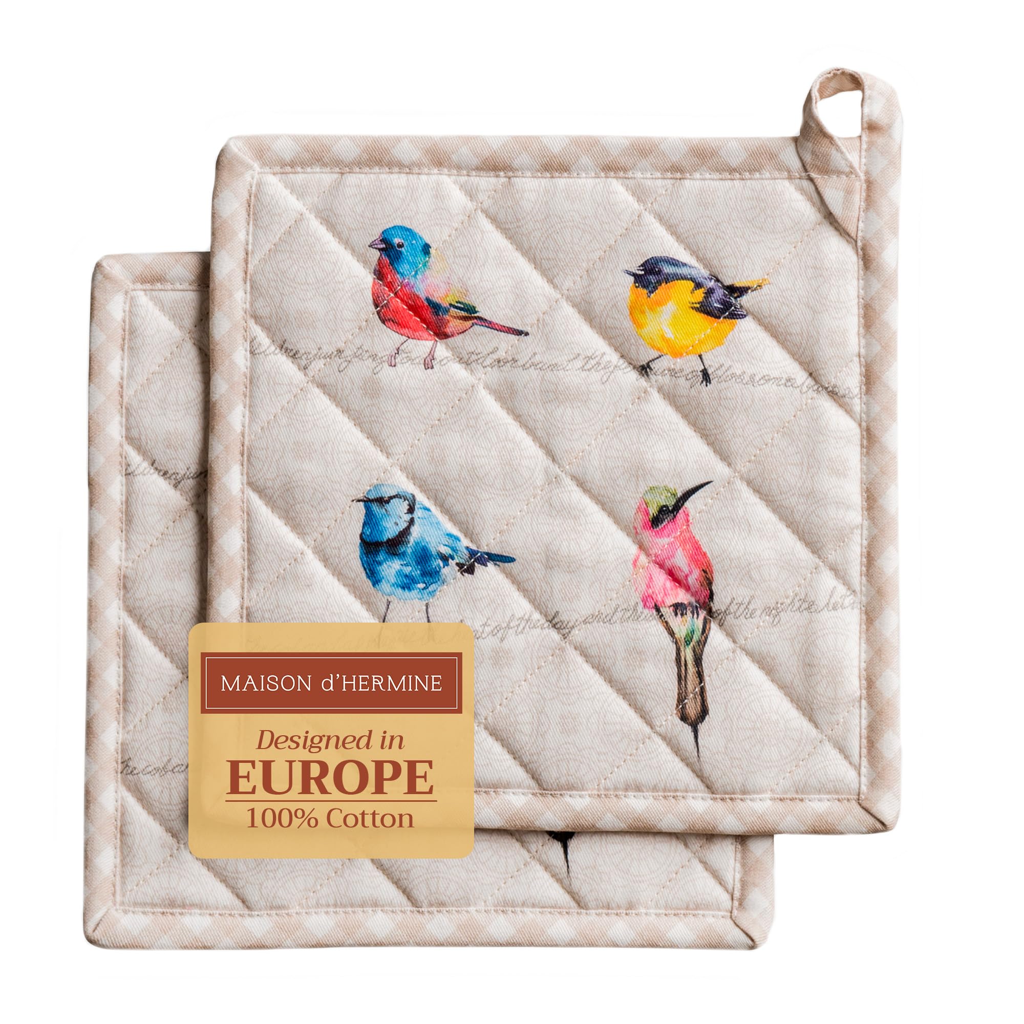 Maison d' Hermine Pot Holders set 100% Cotton Heat Resistant Potholders 8" x 8" Hot Pads with Loop BBQ, Cooking, Baking, Grilling, Kitchen, Handling