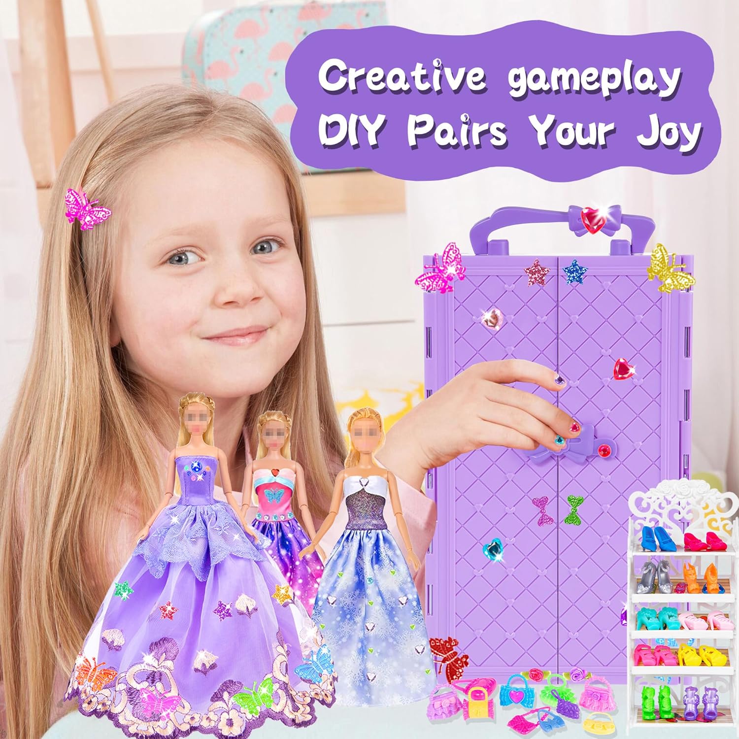 iBayda 91pcs 11.5 Inch Girl Doll with Clothes, Accessories and Closet - Princess Gowns, Fashion Dresses, Outfits, Swimsuits, Shoes, Hangers - Dress Up Toys for Girls, Kids, Toddlers (Doll Included)
