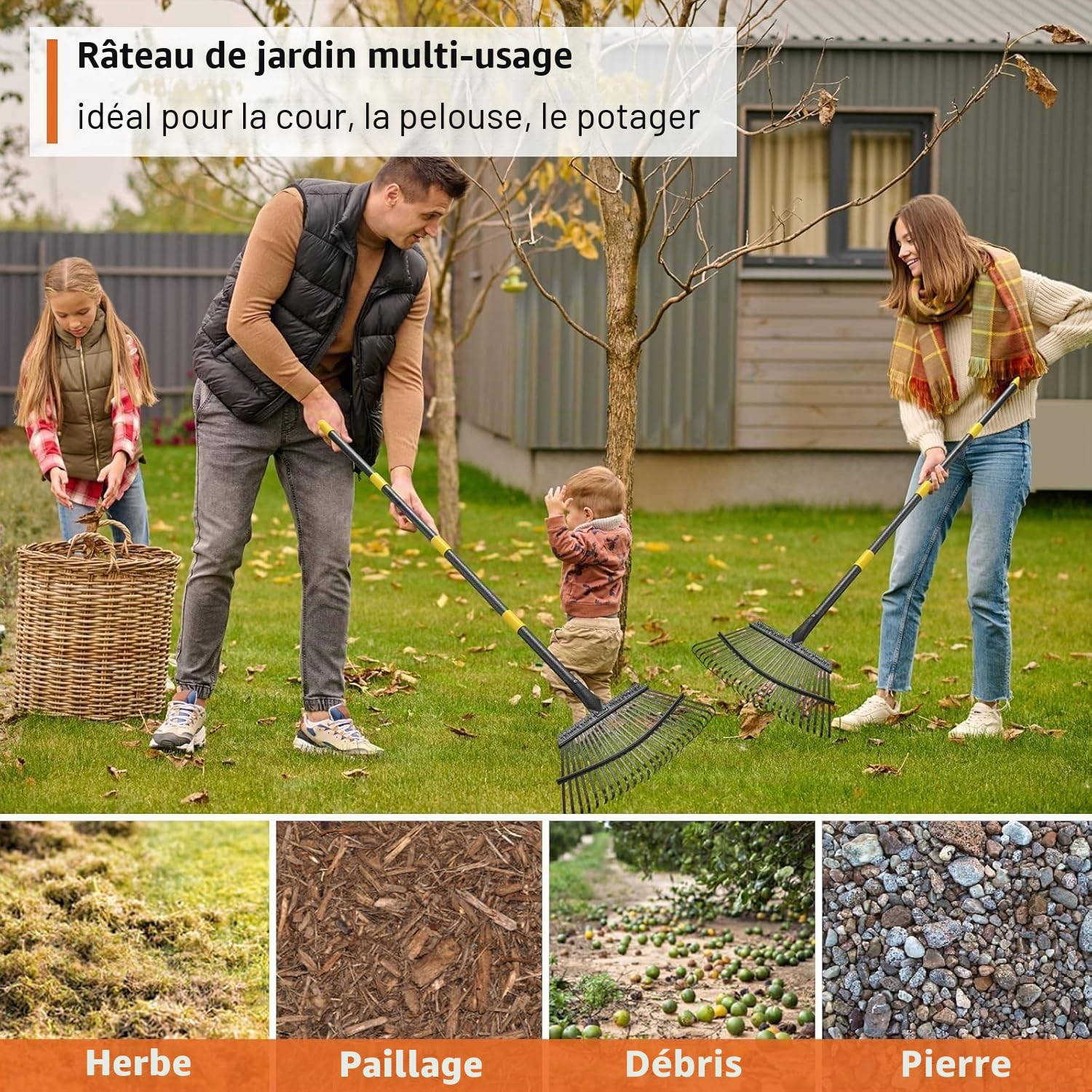 FLY HAWK Râteau à Feuilles, 165cm Râteau de Jardin avec Manche Réglable et 25 Dents Renforcées, 45cm Grande Surface Râteau de Jardin pour Nettoyer Plantes, Pelouse et Cour