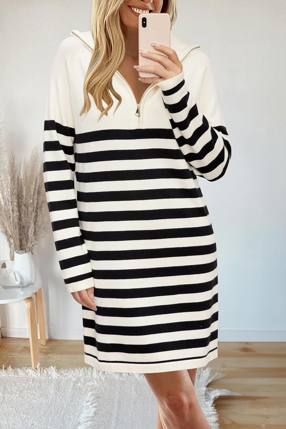 Newshows Women's Winter Sweater Dress 2025 Striped Long Sleeve Lapel Collar Chunky Knit Slouchy Oversized Fall Sweaters - Image 2