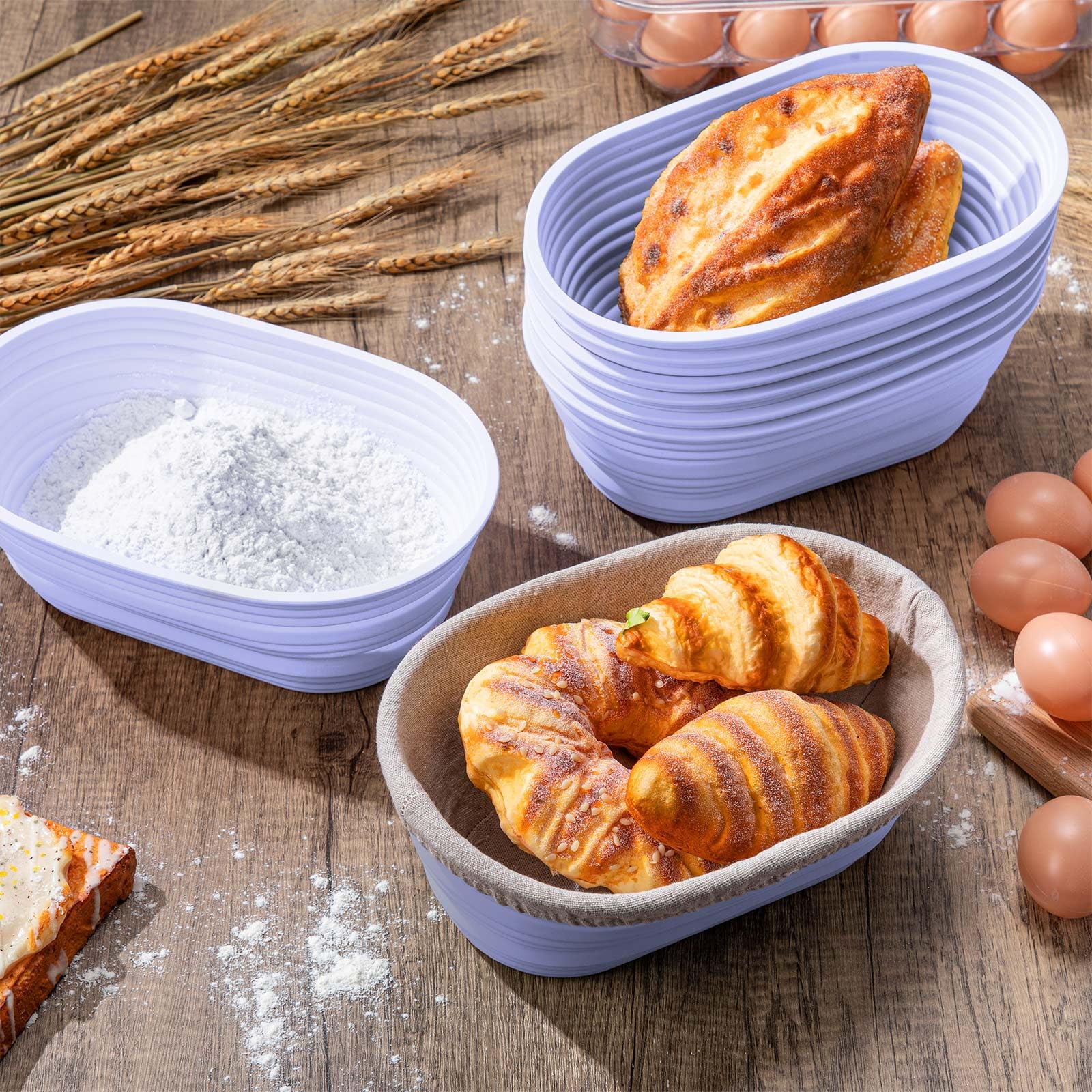 Nuogo Ovaler Brotgärkorb aus Silikon, 25,4 cm, faltbar, Sauerteig-Brot-Backzubehör, Teiggär-Schüssel mit Teigschaber und Korbabdeckungen, Violett, 9 Stück