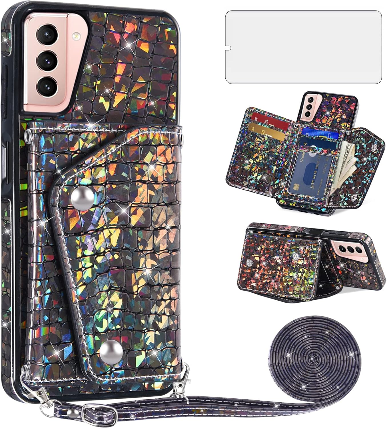 Asuwish Phone Case for Samsung Galaxy S21 Plus S21  5G Wallet Cover with Screen Protector and Card Holder Stand Leather Bling Glitter Cell Accessories S21 5G S21plus 21S   S 21 21  G5 Women Men Black