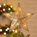 Christmas Star Tree Topper, Plug in 3D Star Tree Topper, 11”Golden Glittered Metal Hollow Designed Built-in 10 Bulbs String Lights for Christmas Tree Decorations