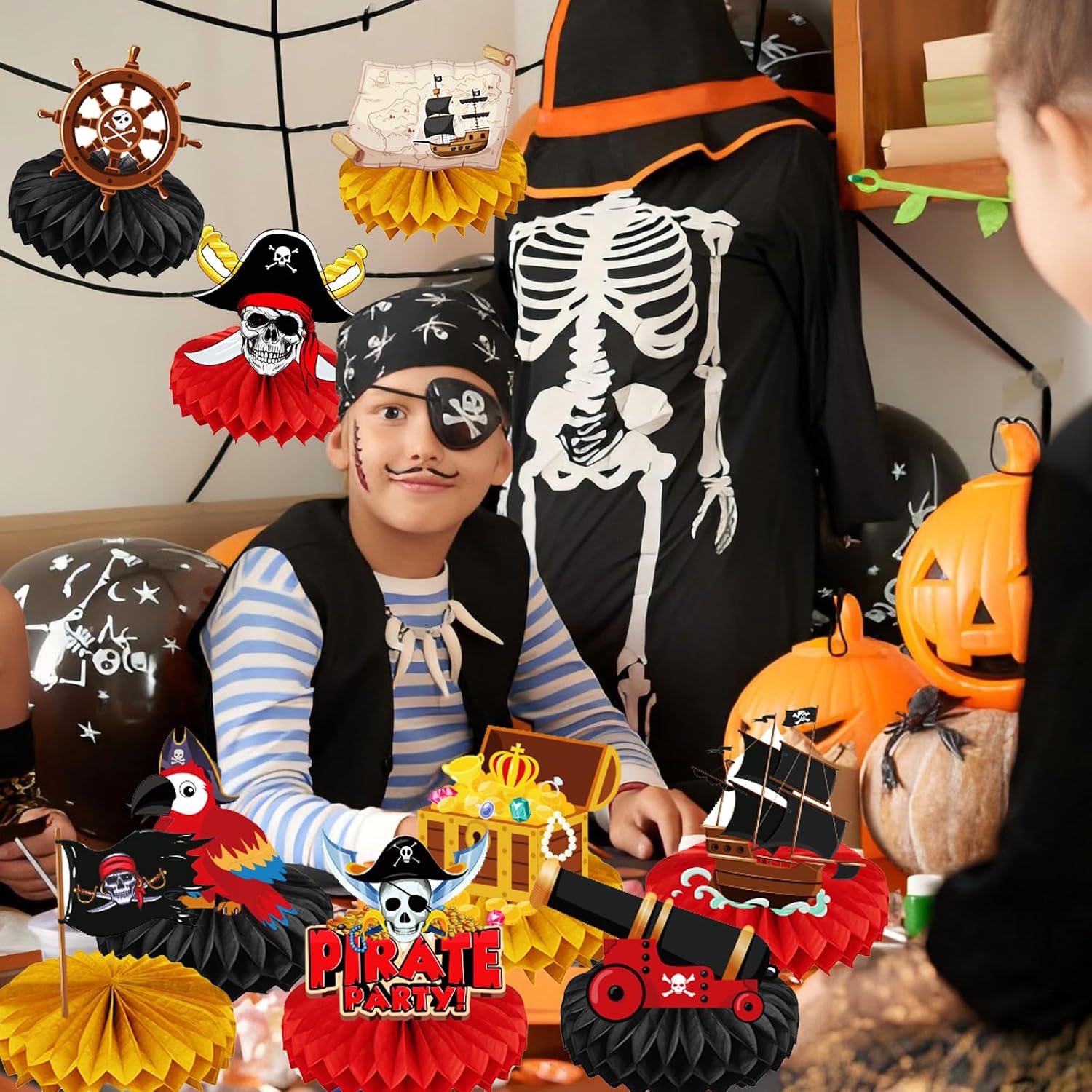 9 Pcs Pirate Party Decorations Honeycomb Centerpiece Table Decoration Pirate Ship Captain Hat Parrot Treasure Map Skull Cake Topper Nautical Decor for Birthday Party Baby Shower Office Classroom