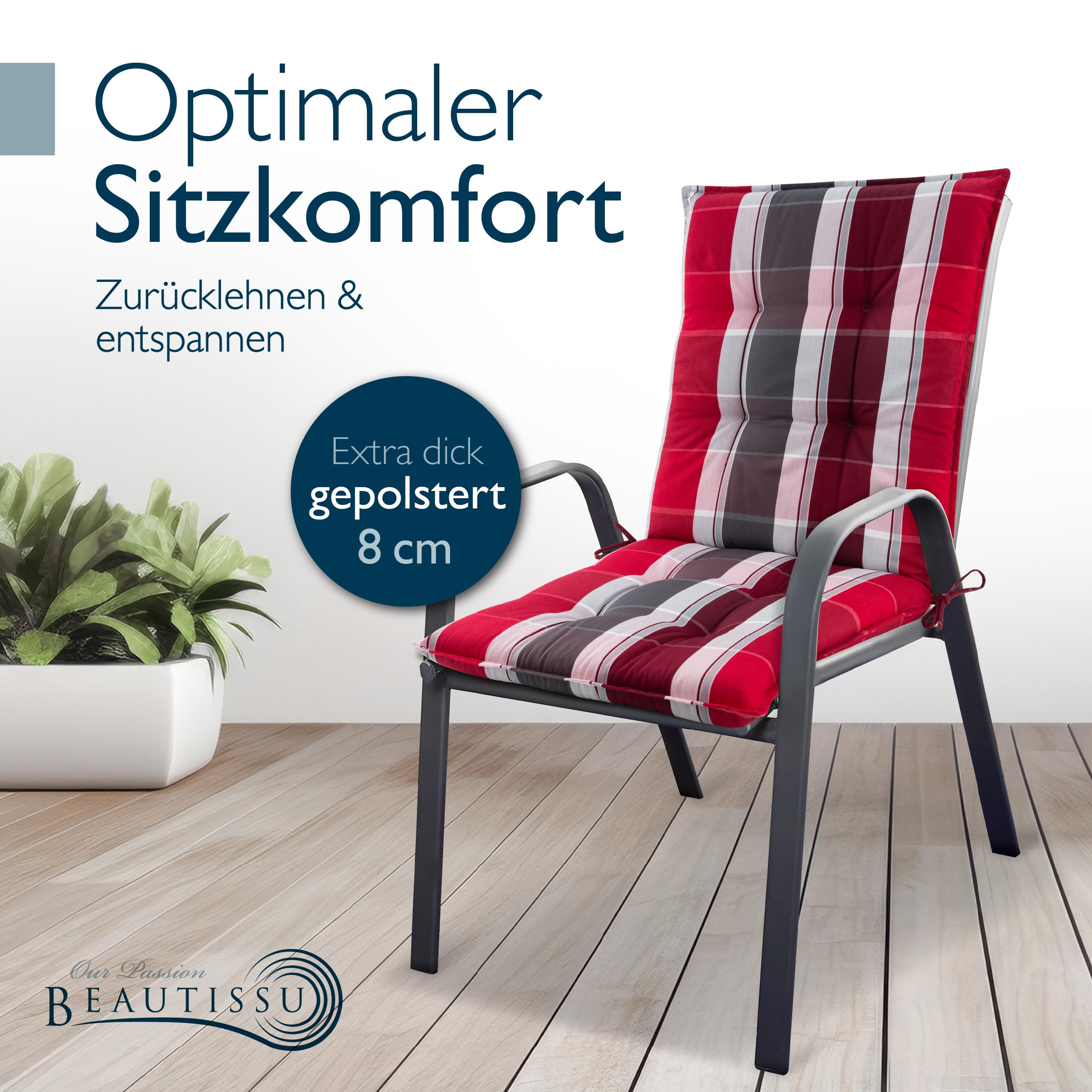 Beautissu 6er Set Premium Niedriglehner Auflage Gartenstuhl Polster | 100x50cm Rot-Anthrazit Gestreift 8cm dick rutschfestes robust UV-Lichtechtheit 5 Gartenstuhlauflage rutschfest Garten Sun-NL