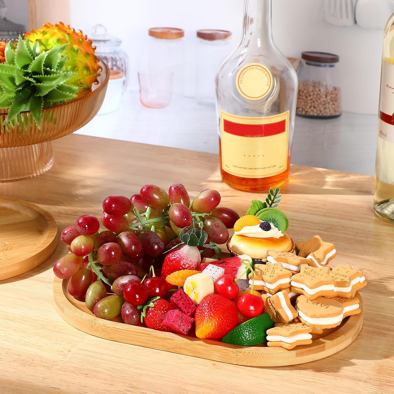 Tanlade 4 Pieces 12 x 7.5 Inch Wooden Serving Tray, Oval Rustic Wood Trays for Crafts Large Decorative Wooden Serving Platter for Tea Coffee Table Food Kitchen Dessert Veggie (Bamboo) - Image 4