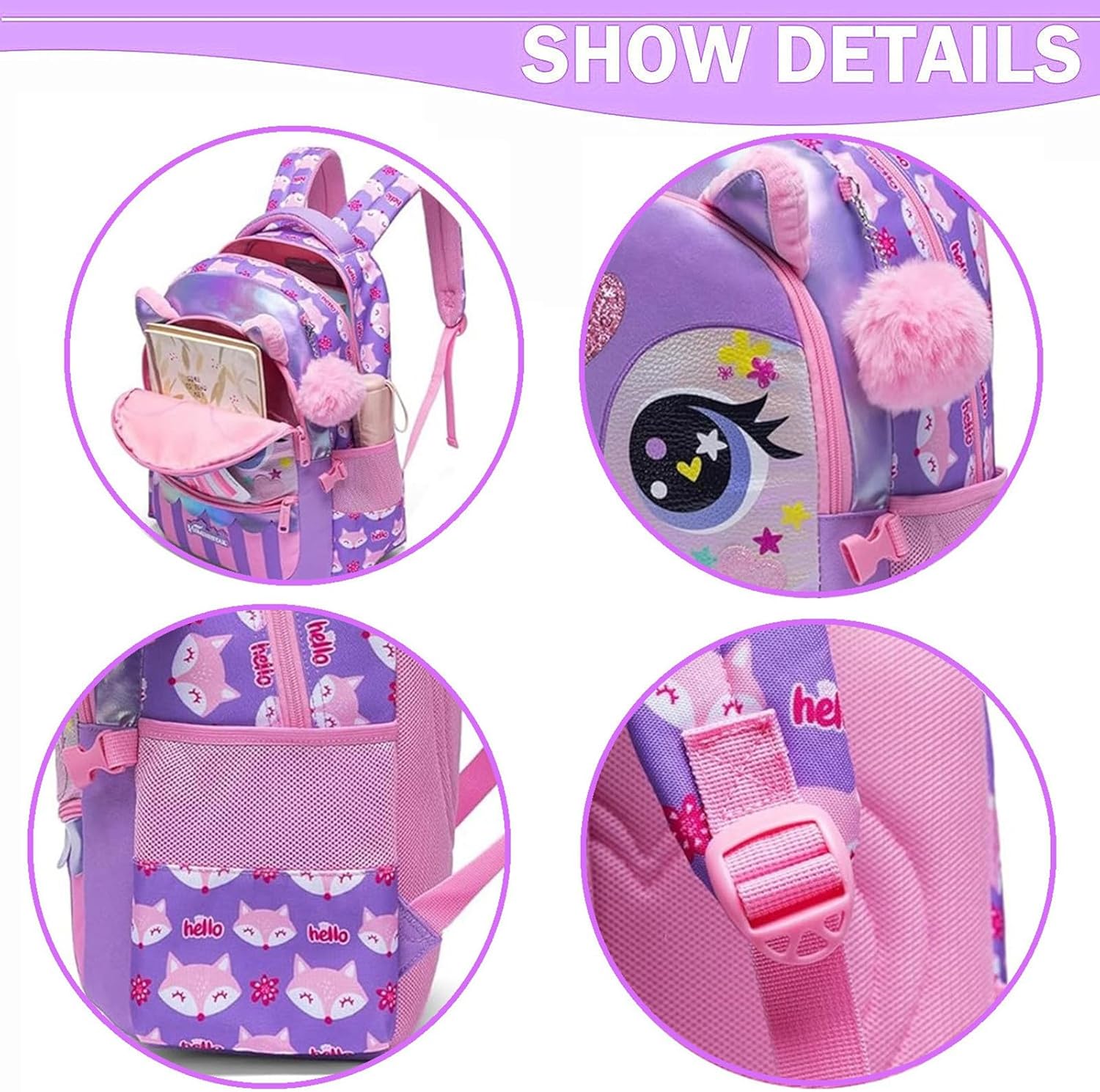 3PCS Girls Backpack Set with Lunch Box and Pencil Bag Cute Animal Print School Bag for Kids Lightweight Bookbag for Primary Student Back to School Essentials (13716-3 Purple)