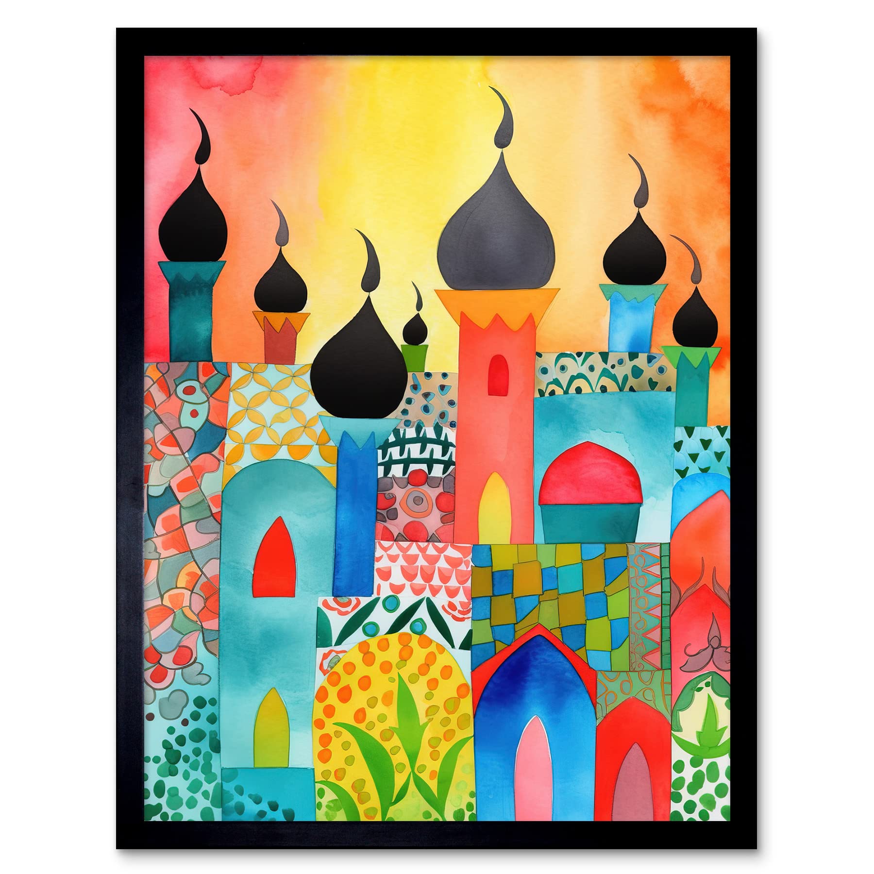 Artery8 Abstract Islamic Cityscape Folk Art Art Print Framed Poster Wall Decor 12x16 inch