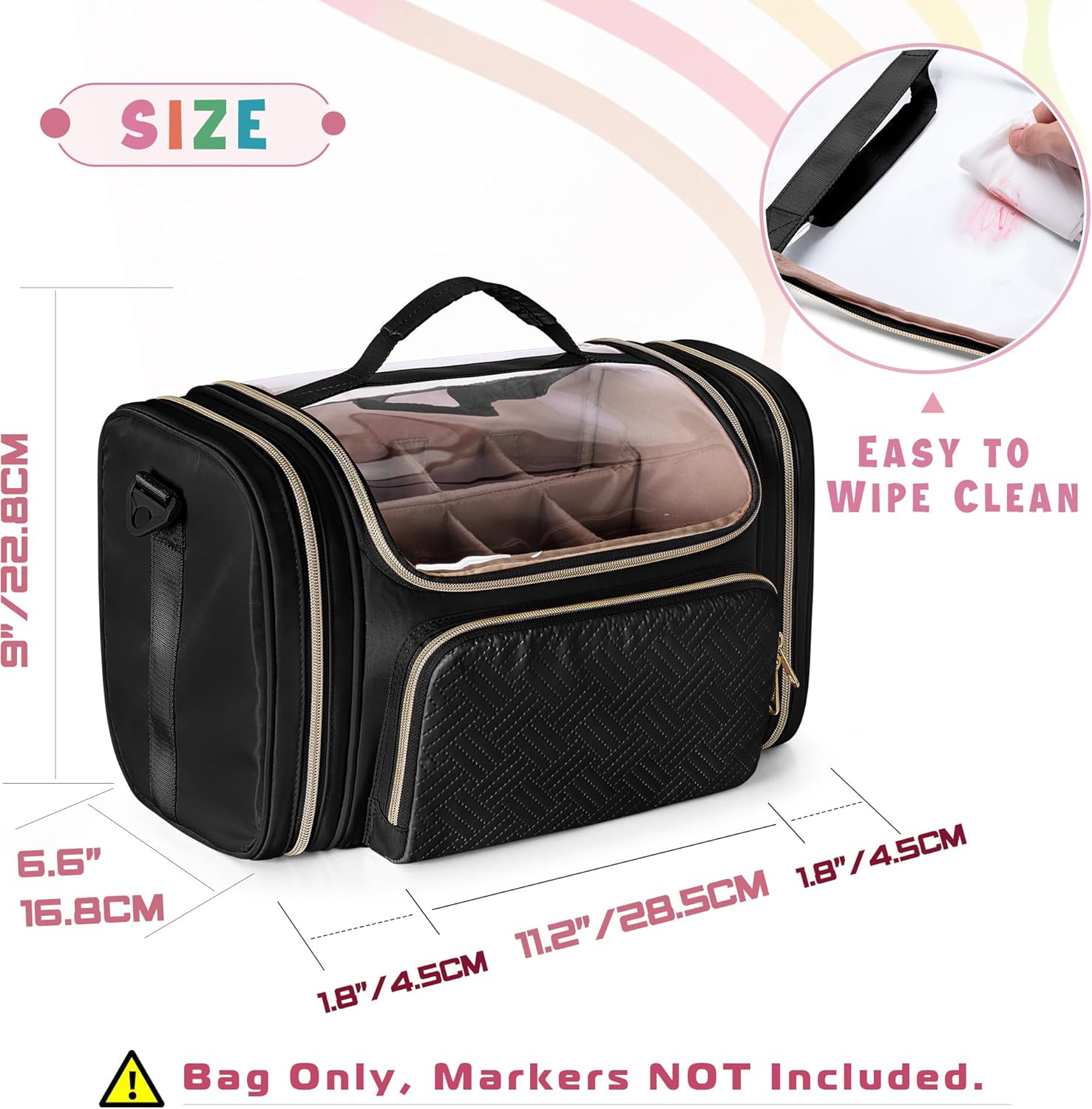 Rexmica Marker Organizer Case Bag for 180-300 Markers, Large Marker Storage Bag with Detachable Divider for Adults, Marker Travel Holder Case Bag for Various Markers or Other Art Craft Supply, Black