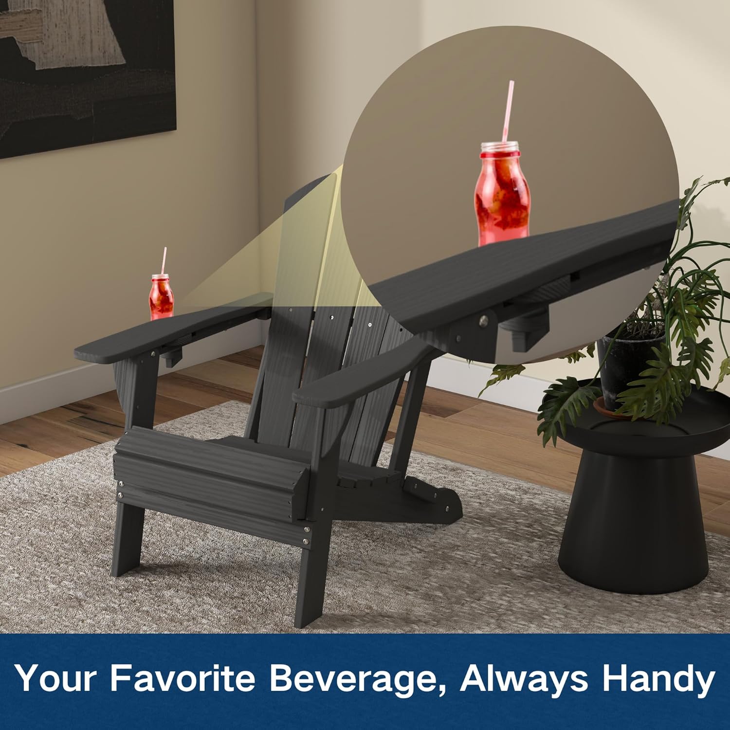 Foldable Adirondack Chair with Cup Holder-Heavy Duty Recycled HDPE Outdoor Patio Furniture, Weather Resistant Deck Lawn Fire Pit Chair (Black, 2 Chair)