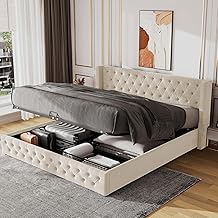 KOMHTOM Double Rembourré avec Tête de Lit, Coffre avec Rangement sous Lit, Cadre, Sommier à Lattes, Gris (sans Matelas) (Beige, 140x200cm)