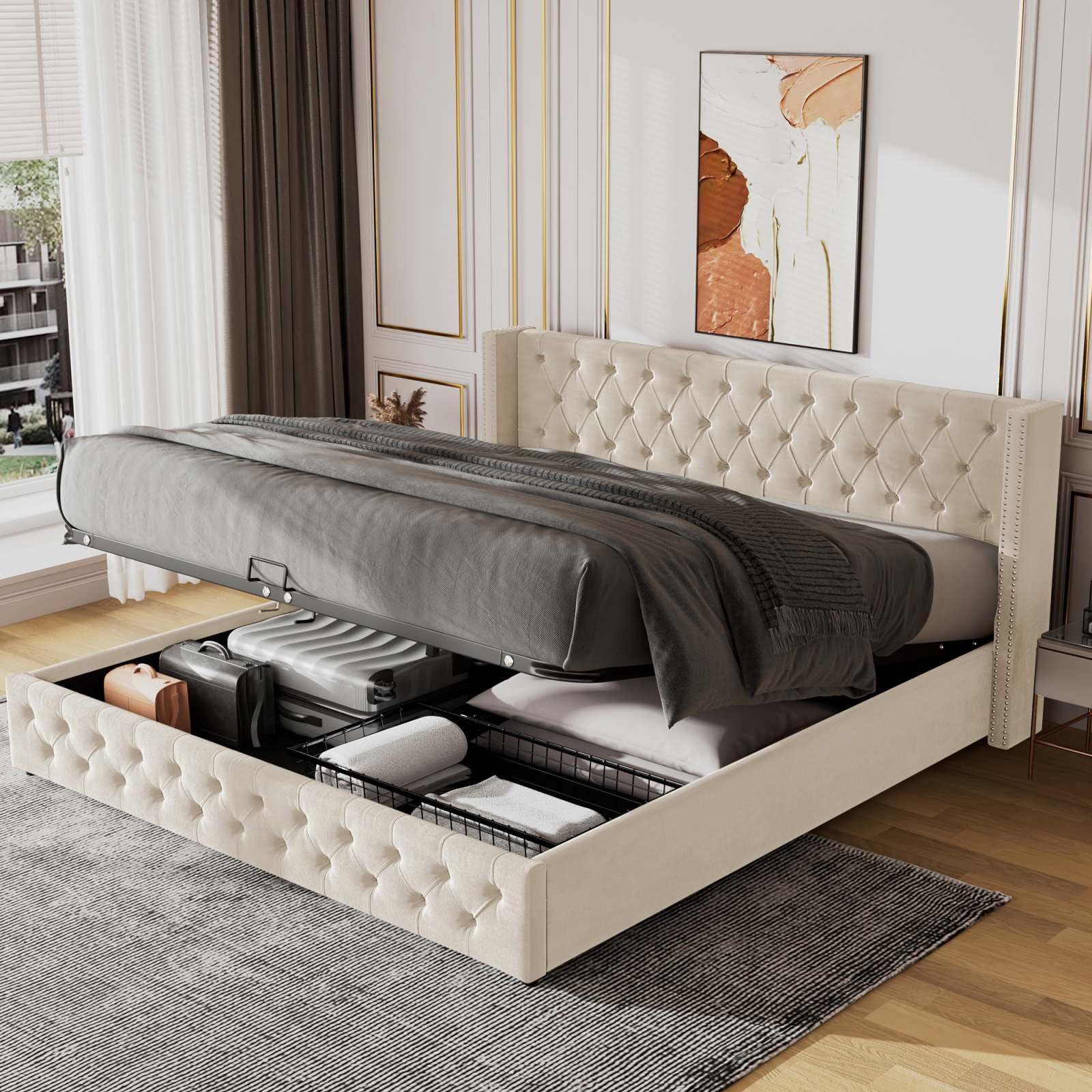 Lit Coffre Rembourré Avec 3 Tiroirs Et Tête De Lit - Cadre Plateforme Velours - 140x190 Cm - Blanc (sans Matelas) - 9