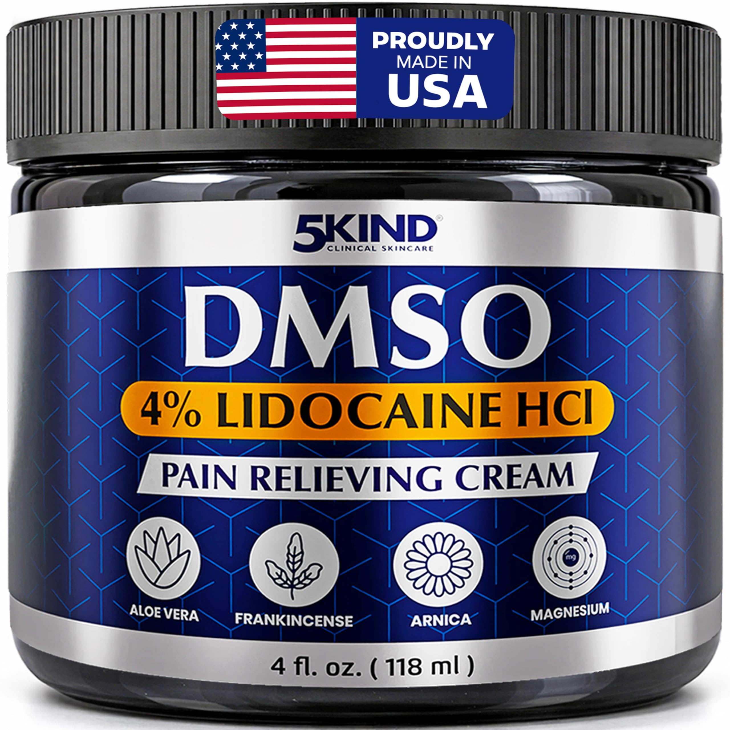 5Kind DMSO Cream with Lidocaine for Pain Relief 4 fl oz - Made in the USA