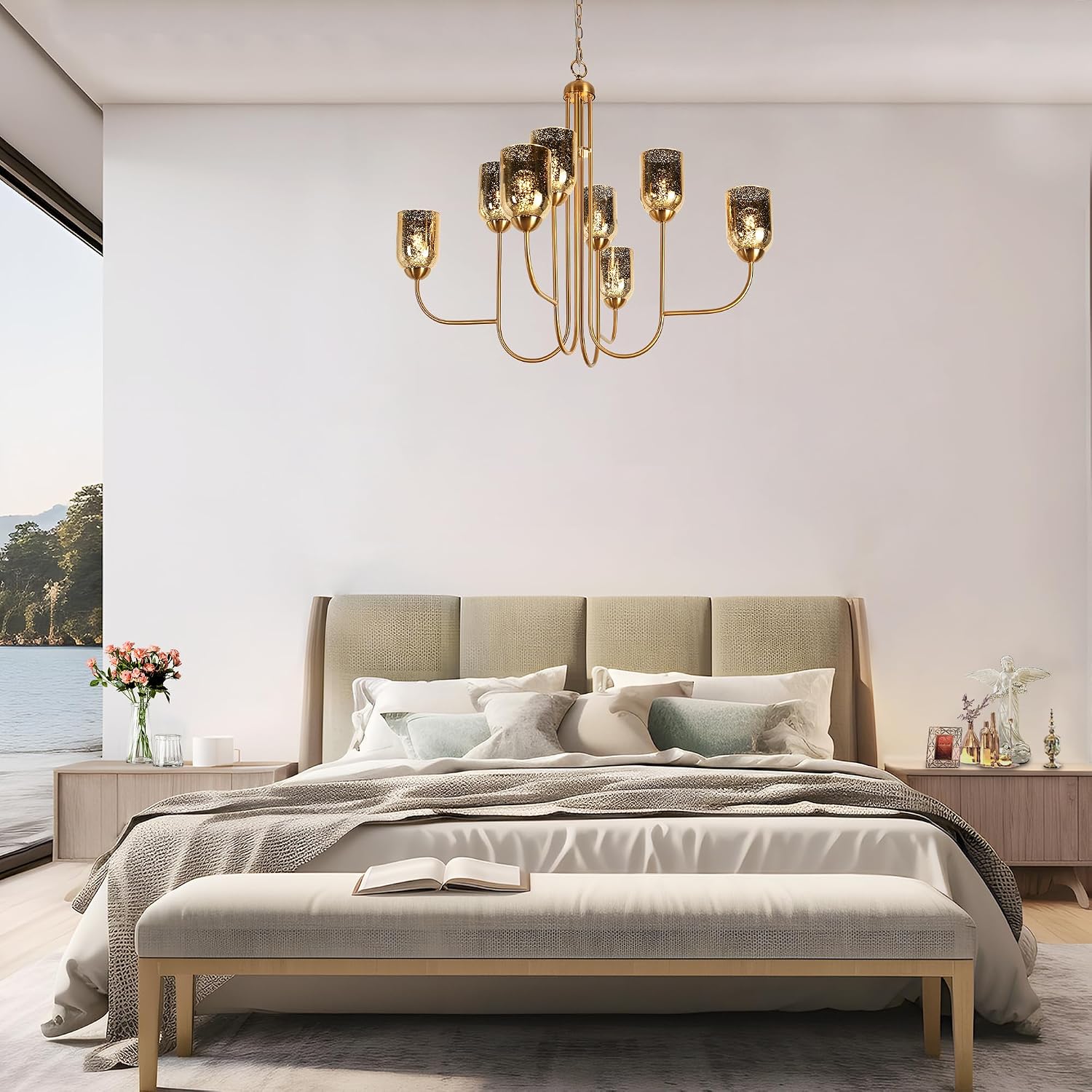 KSANA 38'' Large Gold Chandelier, 8-Light Modern Plating Brass Chandeliers Hanging Light Fixtures with Colored Glass for Dining Room, Living Room, Bedroom, High Ceilings