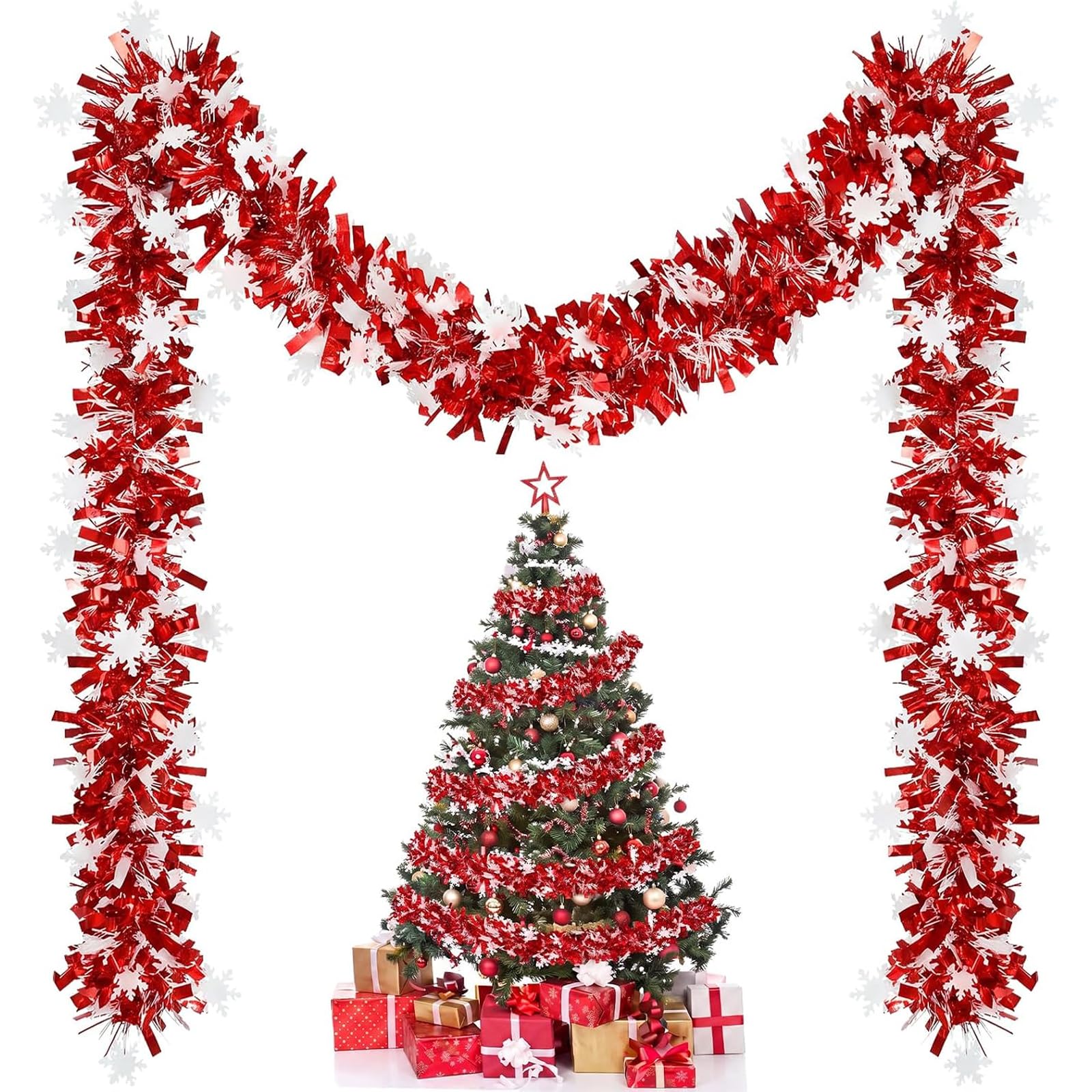 5-Piece Christmas Tinsel Garland with Red Hearts and White Snowflakes