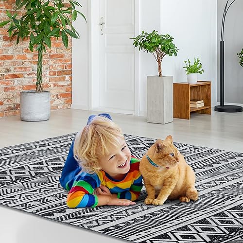 Miniatura 5 de Alfombra bohemia de 5 x 7 pies, lavable a máquina, moderna, de diamante, envejecida, plegable, para mesa de café, decoración de mesa de comedor,