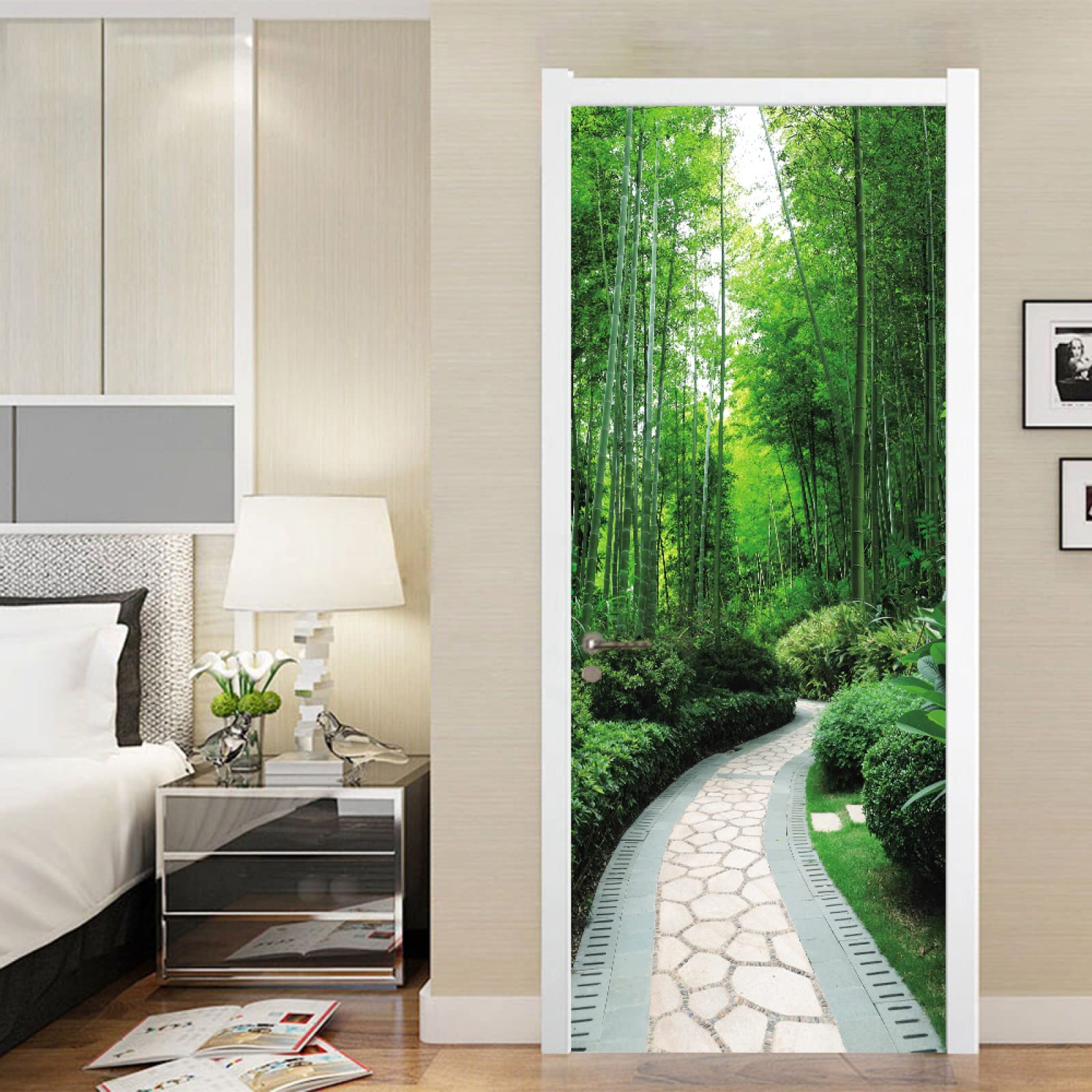 Sticker Porte Vert & forêt de bambous Papier Peint pour Porte Stickers Trompe Loeil Papier Peint 3d Trompe L'oeil Poster de Porte L100 x H200cm