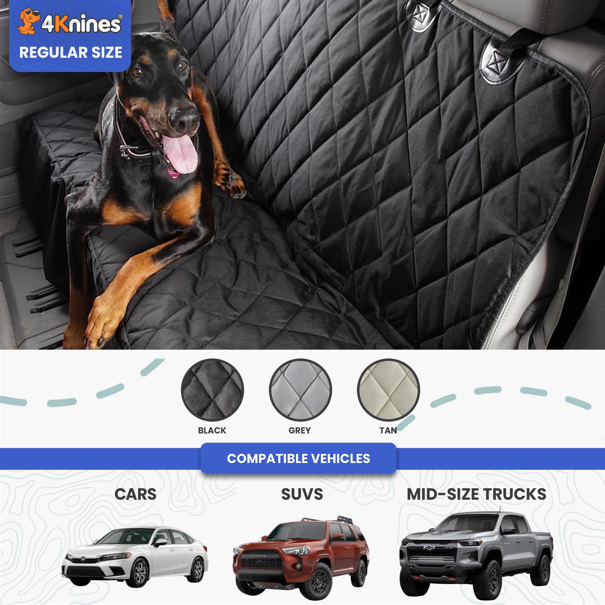 4Knines Back Seat Pet Cover for Dogs w/o Hammock – 54" Wide, Waterproof Car Seat Cover, Non-Slip, Heavy-Duty – Fits Cars, SUVs, Small Trucks – 2 Seat Belt & Latch Access – Back Seat Protector (Black) - image 4