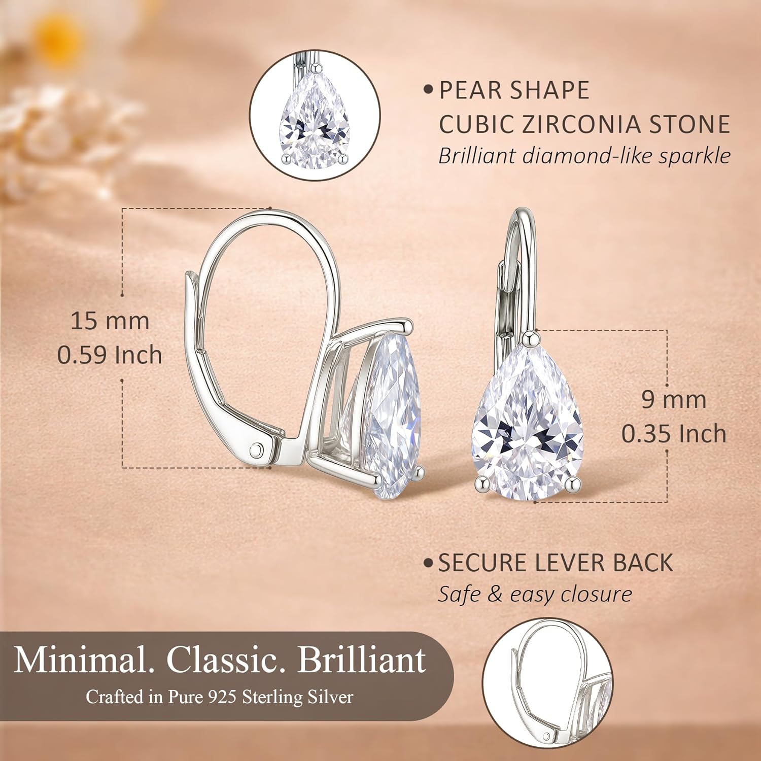 LeCalla 925 Sterling Silver Cubic Zirconia Earrings for Women | Pear-Cut Cubic Zirconia Drop Leverback Earrings | Teardrop Solitaire CZ Earring Birthstone Jewelry Gifts for Her