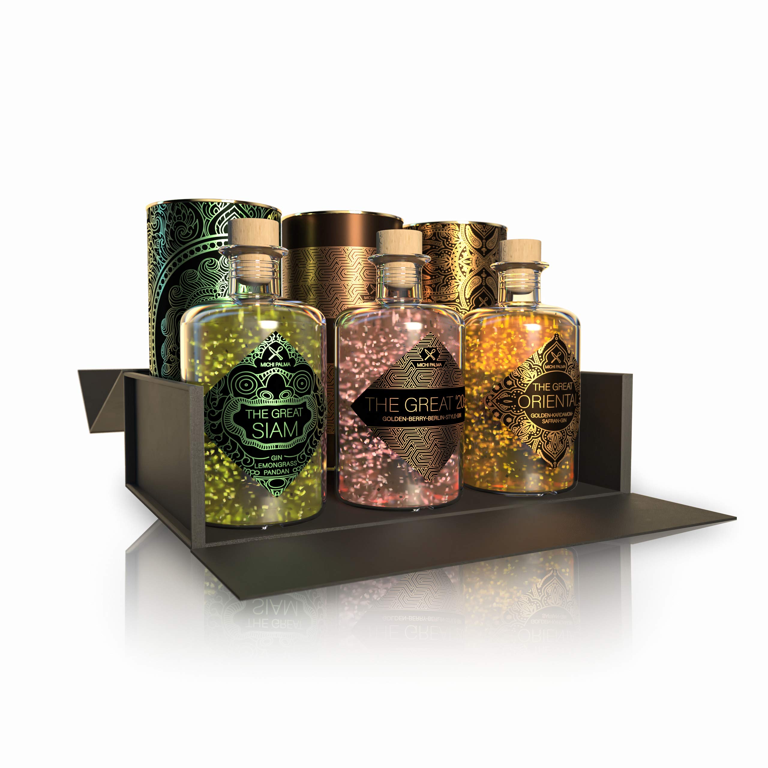 Michi Palma | The Great Trio, Classic Geschenkset auf Gin-Basis (3 x 0.5 l) | Verpackt in einer hochwertigen schwarzen Magnetbox | Goldene Gin-Geschenkidee | Premium Spirituose