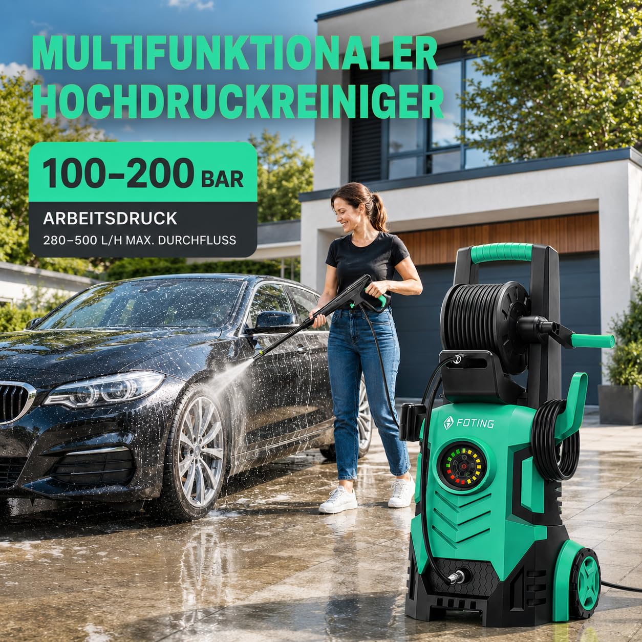 Hochdruckreiniger 200 Bar, Touchscreen 8-stufiger, 6-in-1-Düse, Druck: 100-200bar, Fördermenge: 280-500l/h, Flächenleistung: 60m²/h, mit 500ml Schaumkanone und Schlauchtrommel, Wassersparend