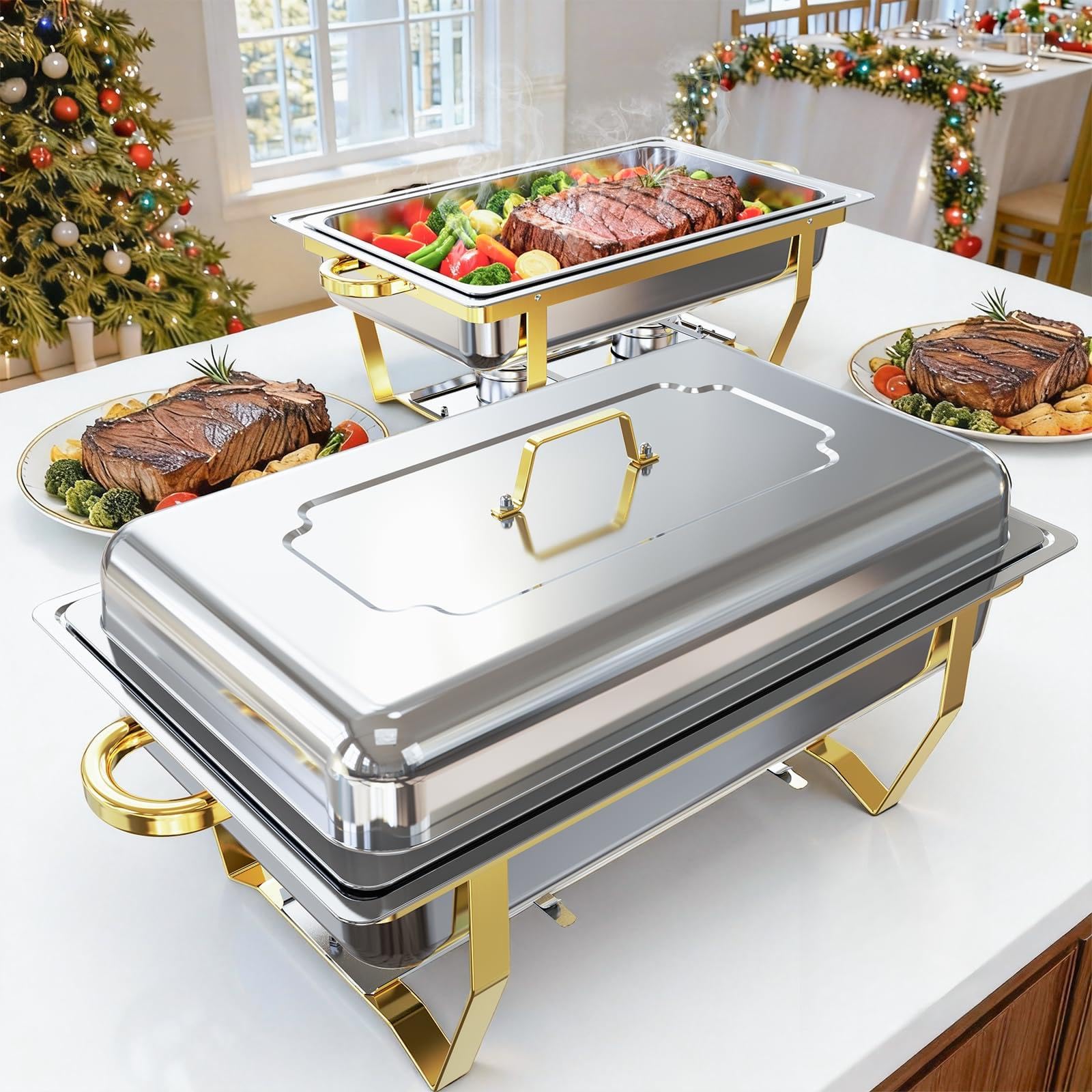 Juego de 2 platos de frotamiento para buffet, juego de platos de alta calidad, calentadores de alimentos [instalación sin tornillos] con diseño apilable para bufés de bodas, hogar, Navidad, 2 sartenes